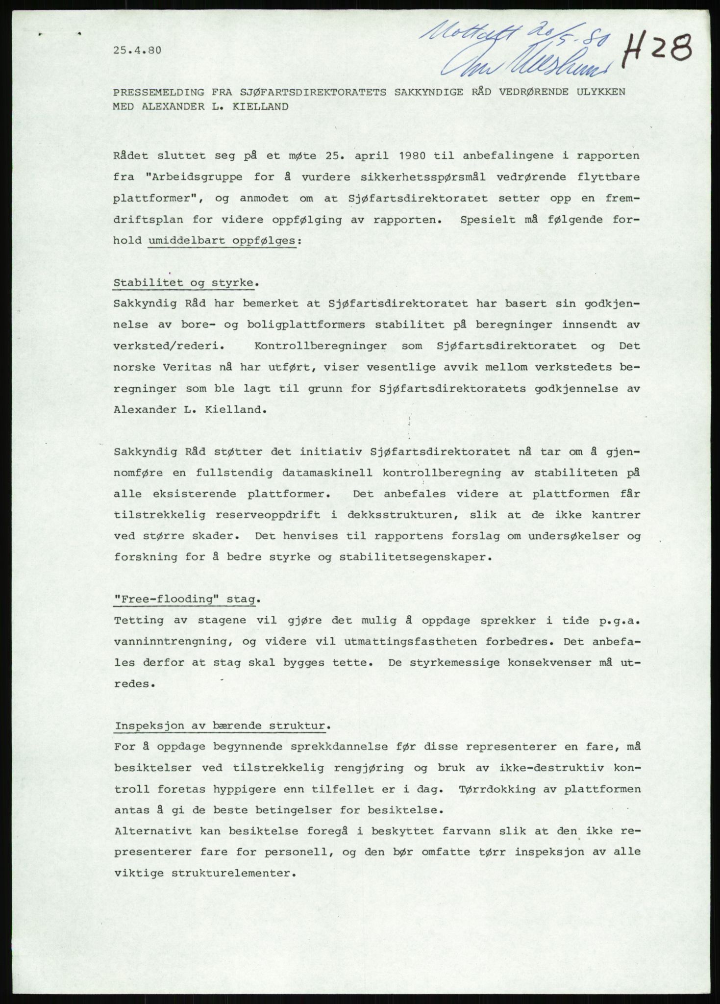 Justisdepartementet, Granskningskommisjonen ved Alexander Kielland-ulykken 27.3.1980, RA/S-1165/D/L0013: H Sjøfartsdirektoratet og Skipskontrollen (H25-H43, H45, H47-H48, H50, H52)/I Det norske Veritas (I34, I41, I47), 1980-1981, p. 23