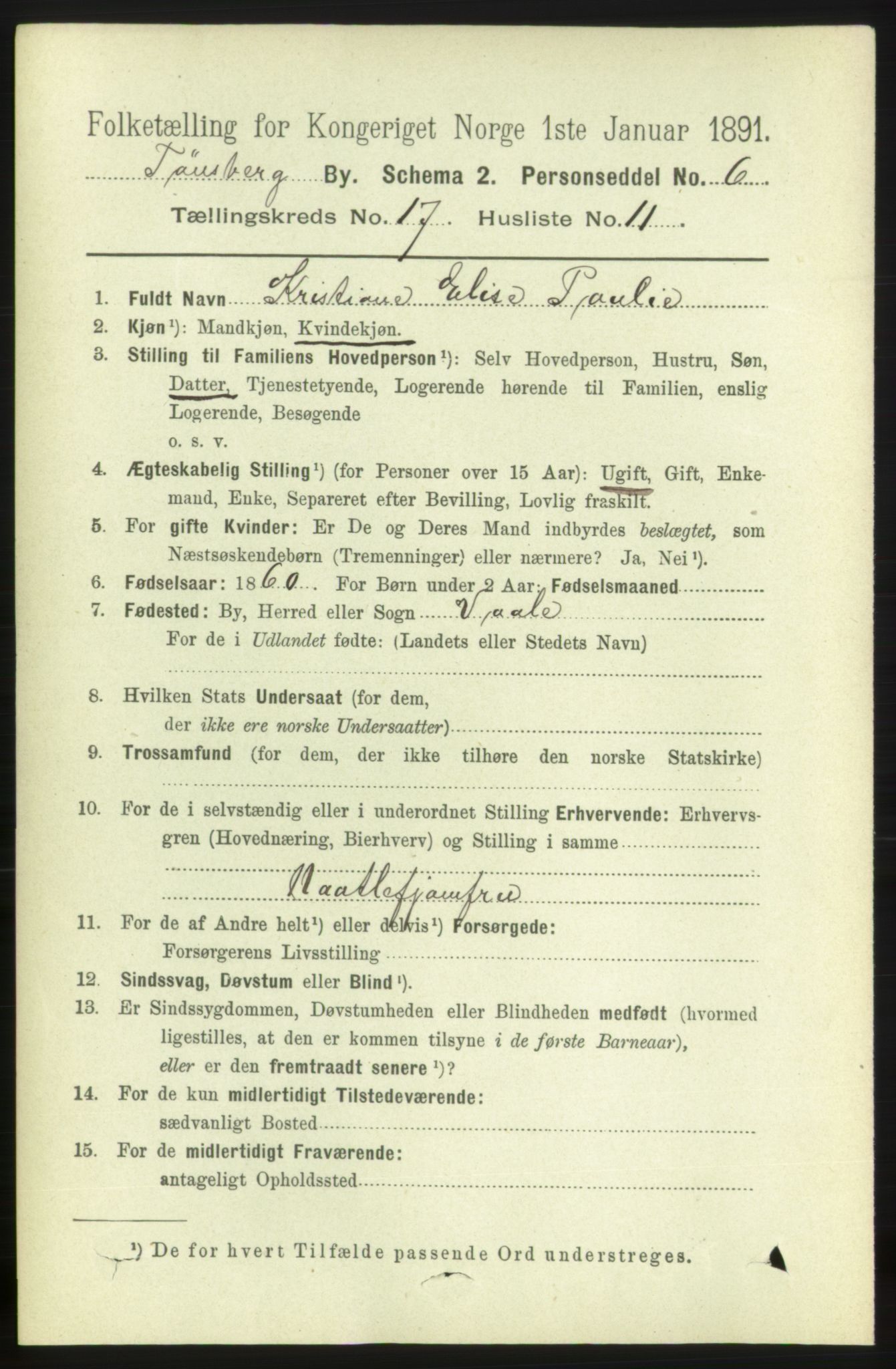 RA, 1891 census for 0705 Tønsberg, 1891, p. 5095