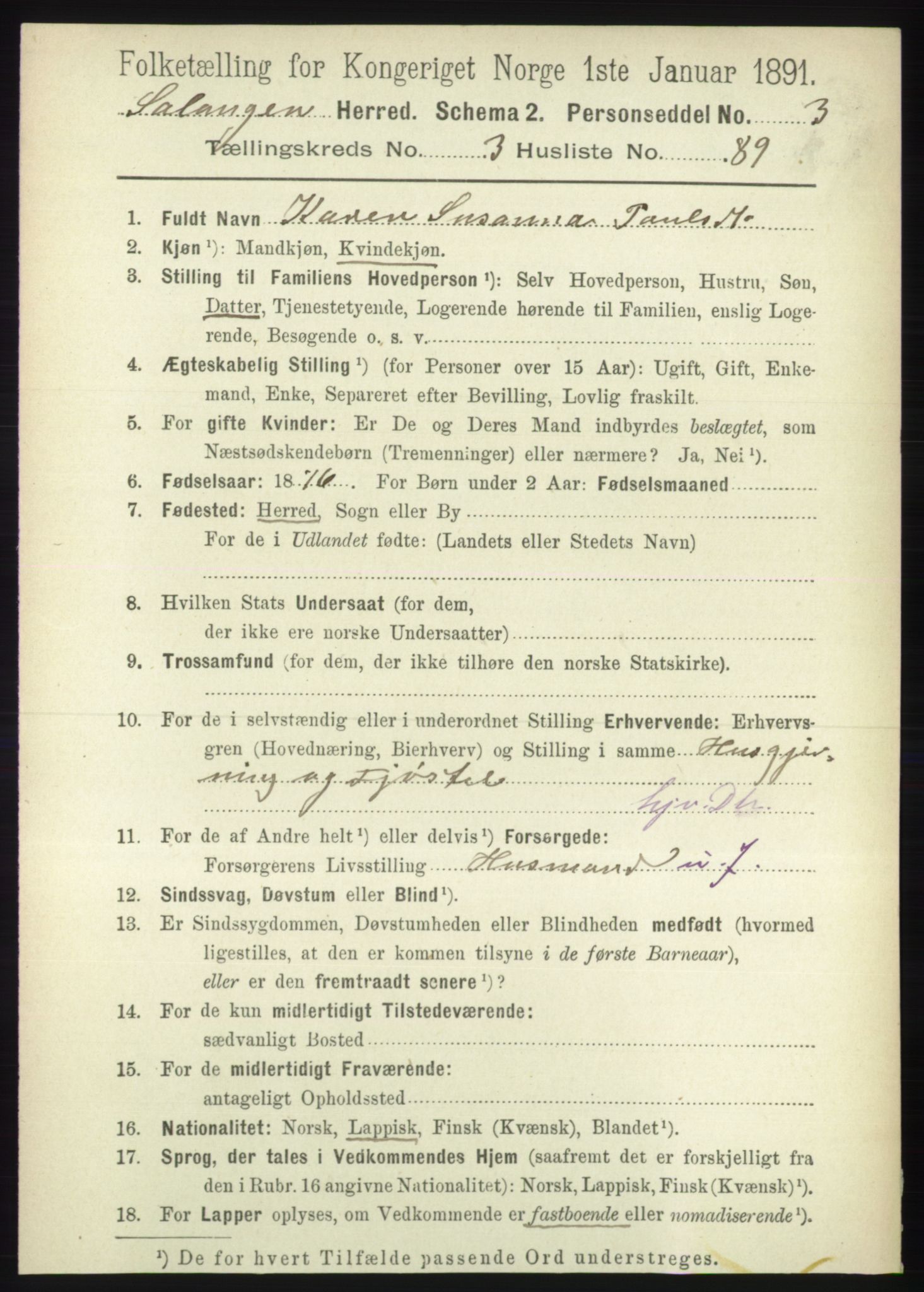 RA, 1891 census for 1921 Salangen, 1891, p. 1733