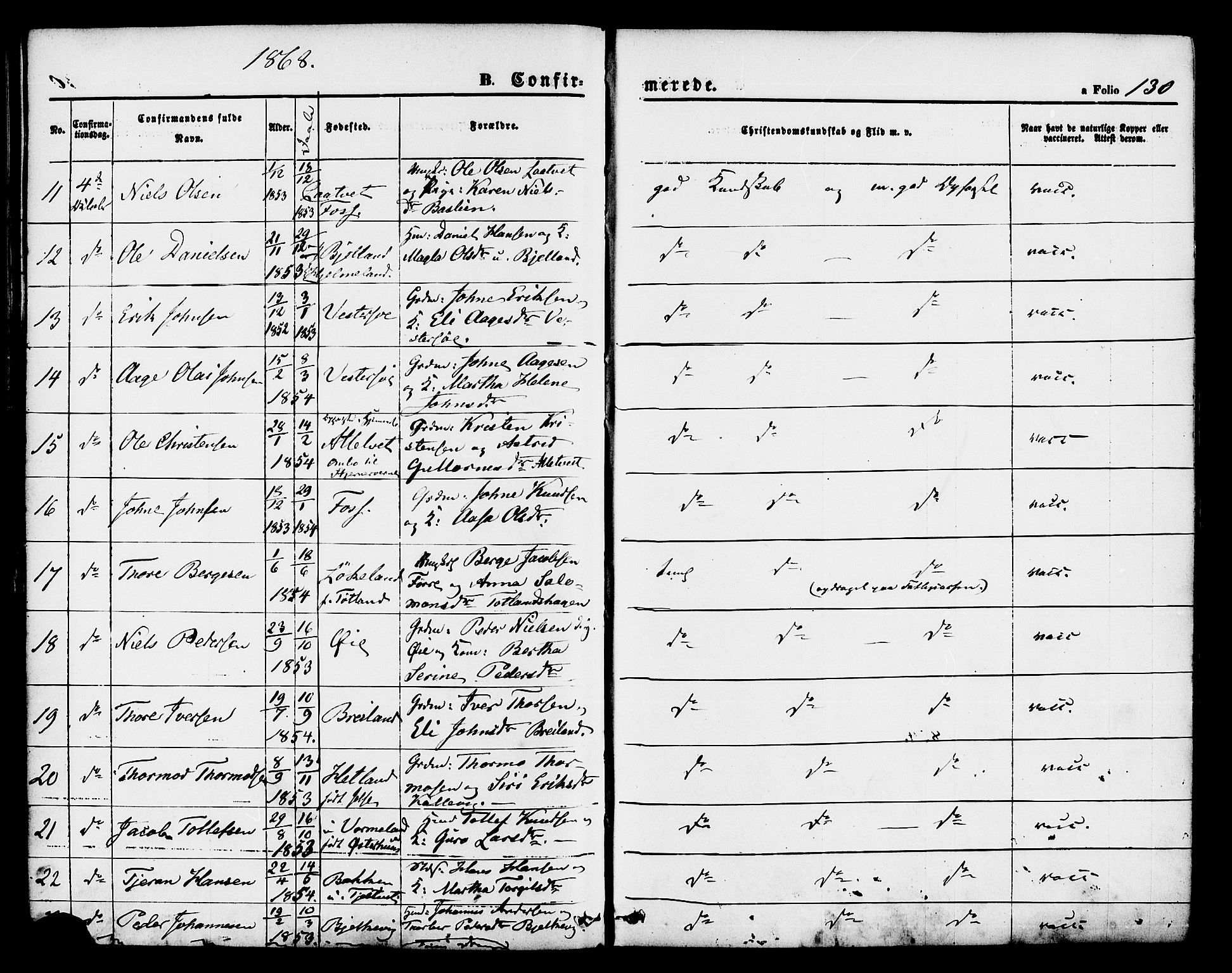 Hjelmeland sokneprestkontor, AV/SAST-A-101843/01/IV/L0011: Parish register (official) no. A 11, 1861-1878, p. 130