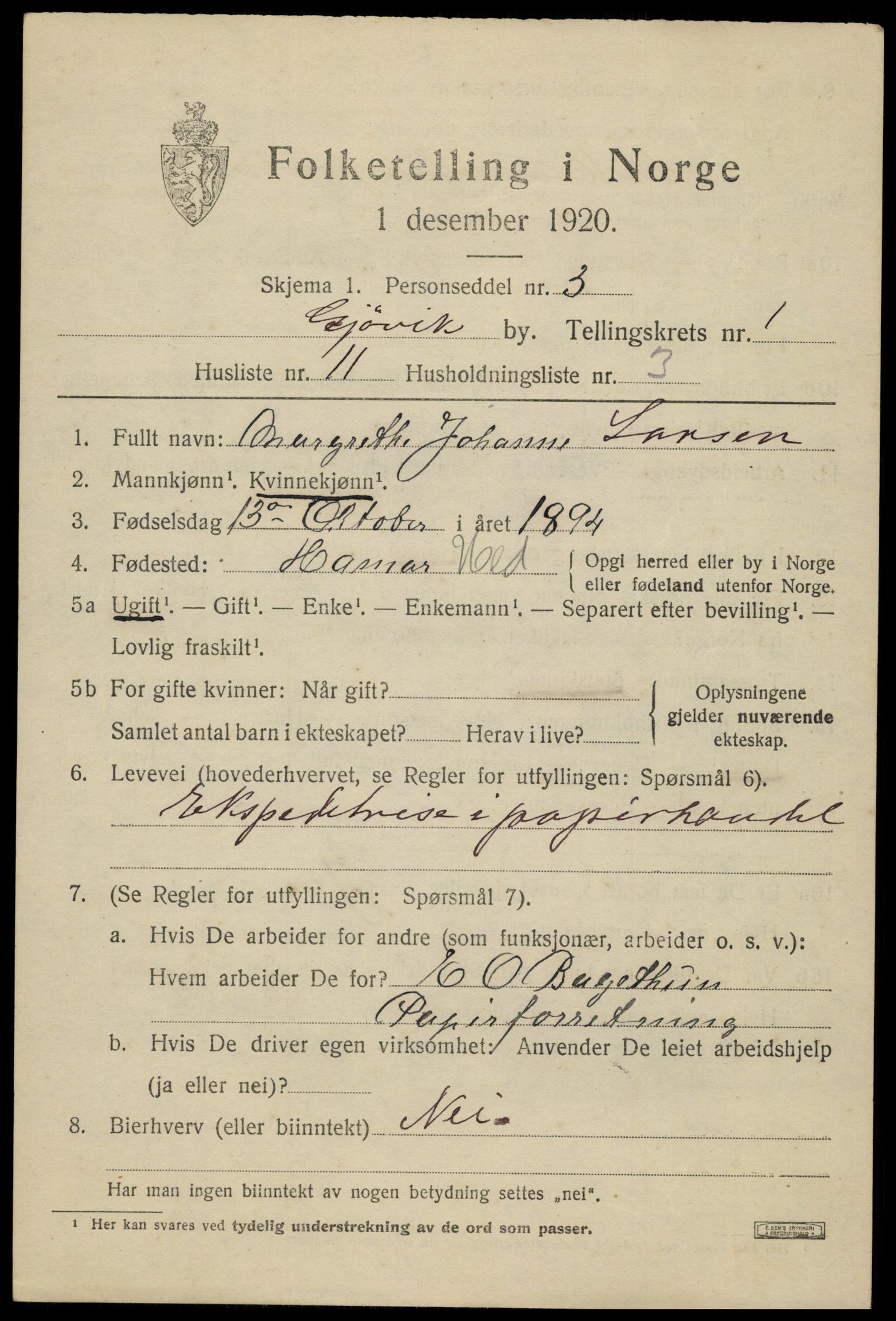 SAH, 1920 census for Gjøvik, 1920, p. 2794