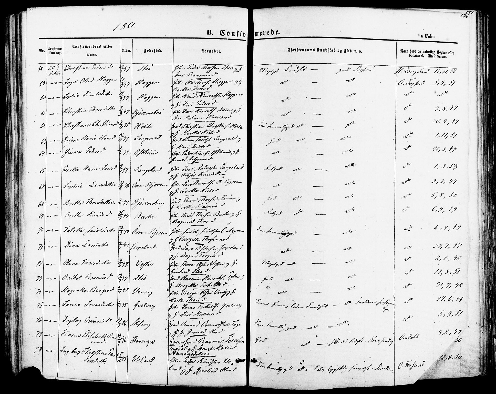 Strand sokneprestkontor, AV/SAST-A-101828/H/Ha/Haa/L0007: Parish register (official) no. A 7, 1855-1881, p. 176