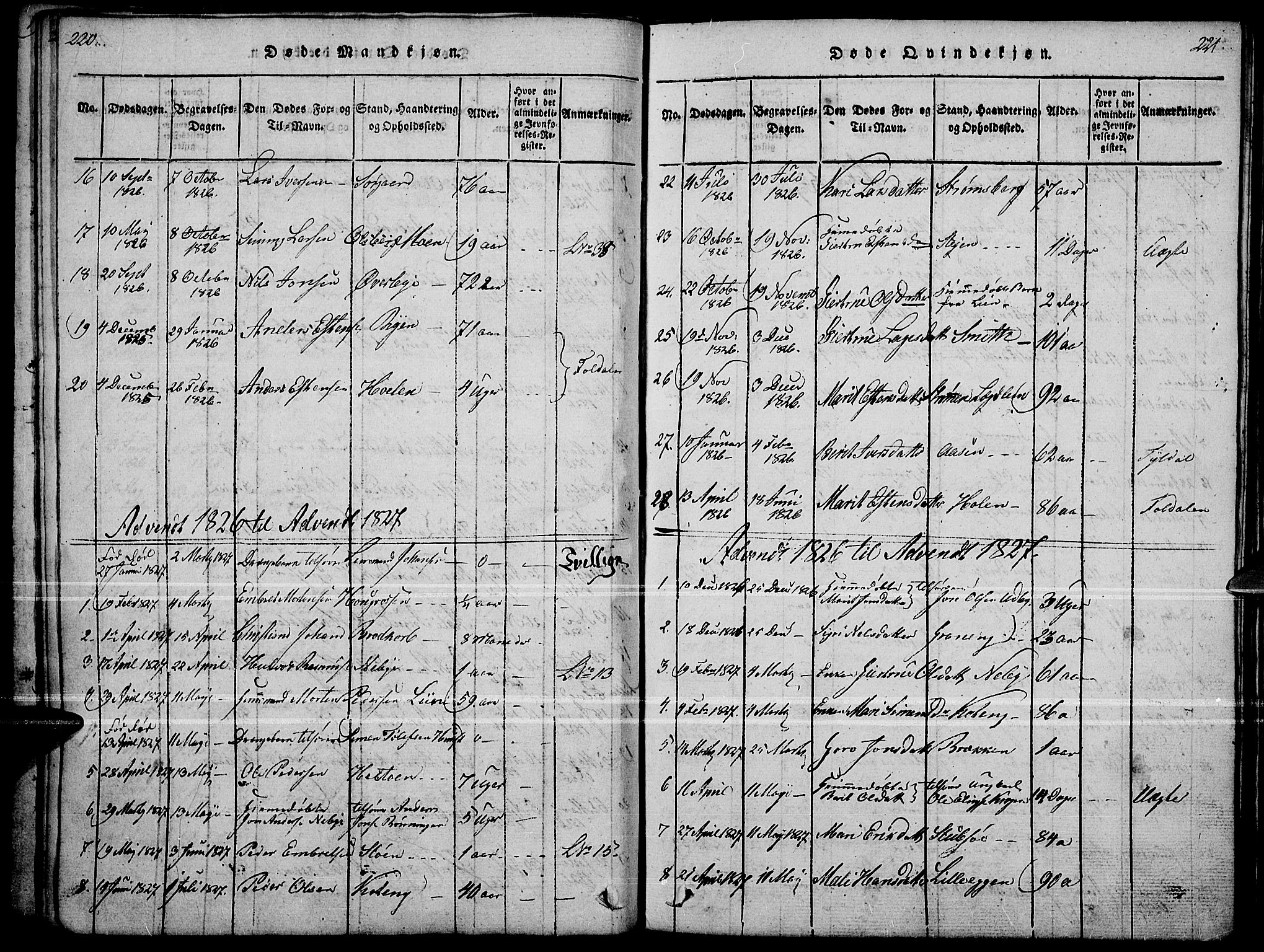 Tynset prestekontor, SAH/PREST-058/H/Ha/Haa/L0018: Parish register (official) no. 18, 1815-1829, p. 220-221