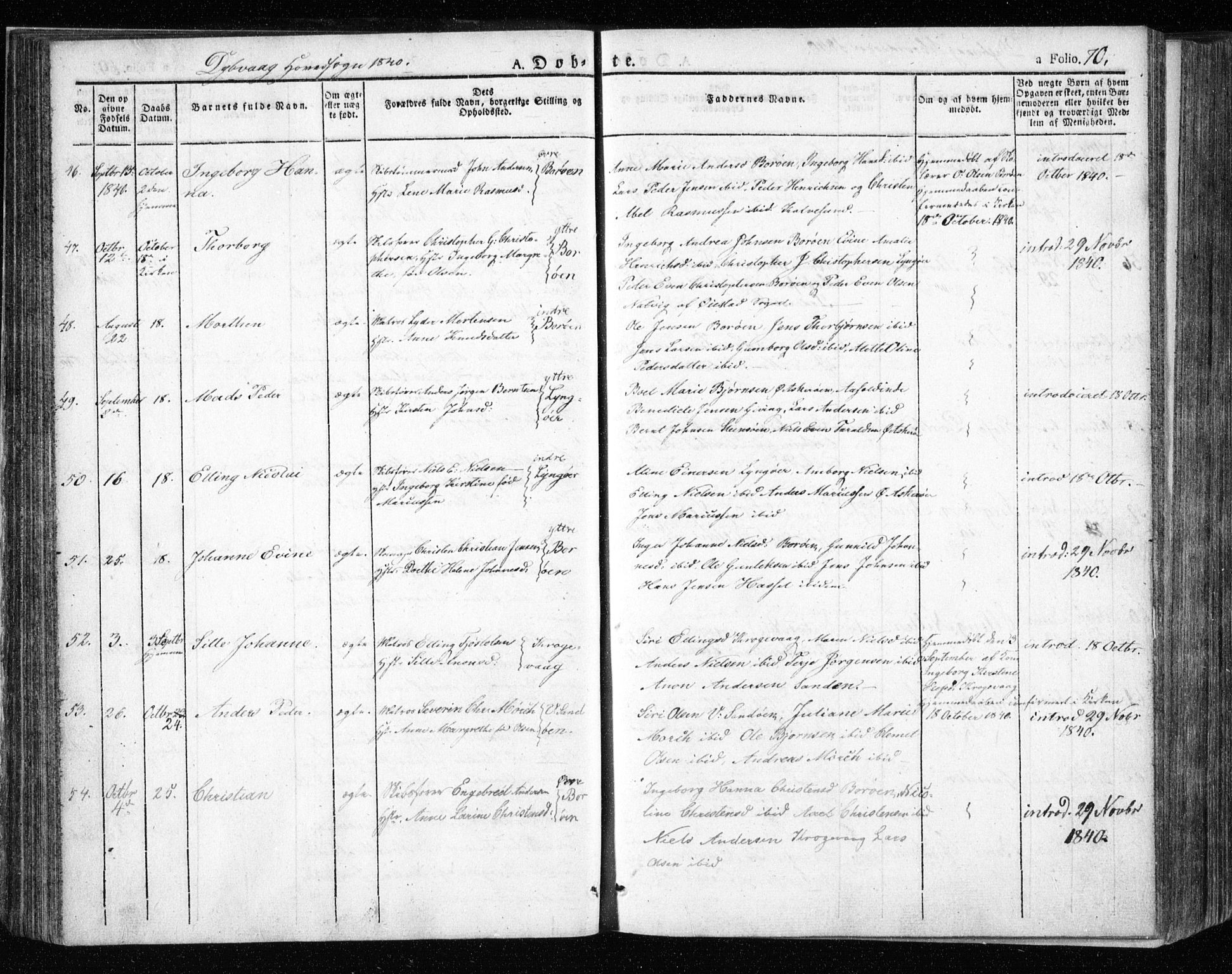 Dypvåg sokneprestkontor, AV/SAK-1111-0007/F/Fa/Faa/L0004: Parish register (official) no. A 4, 1824-1840, p. 70