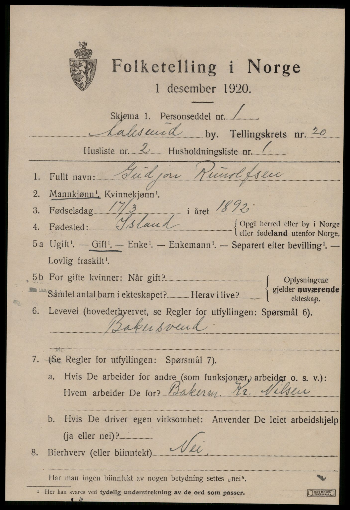 SAT, 1920 census for Ålesund, 1920, p. 36996