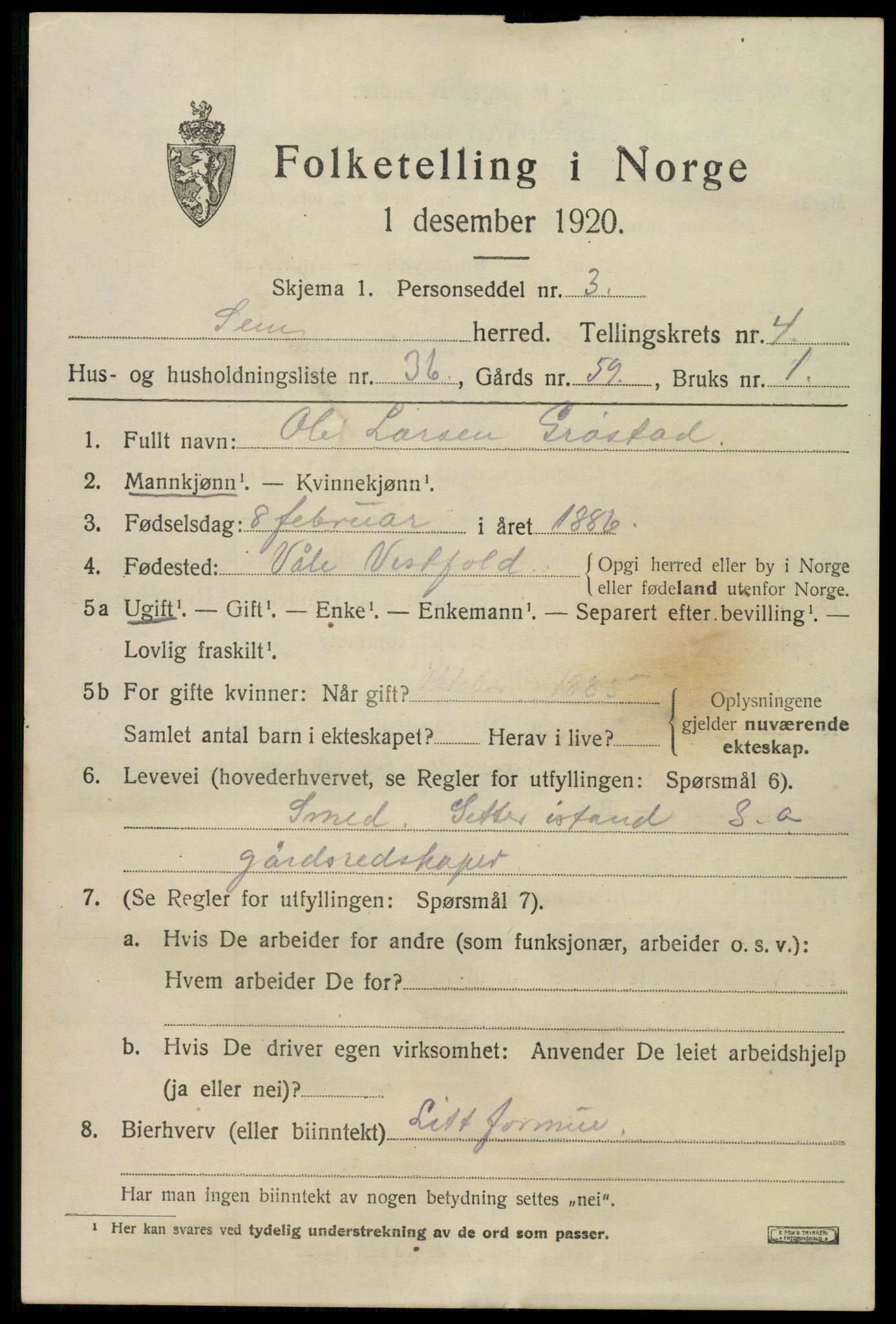 SAKO, 1920 census for Sem, 1920, p. 7467