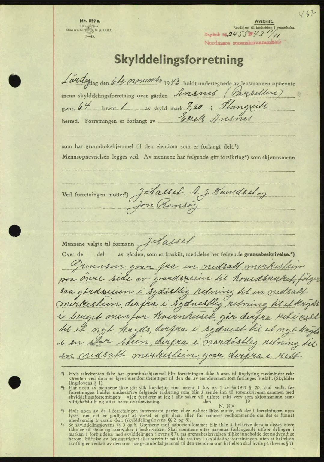 Nordmøre sorenskriveri, AV/SAT-A-4132/1/2/2Ca: Mortgage book no. A96, 1943-1944, Diary no: : 2455/1943