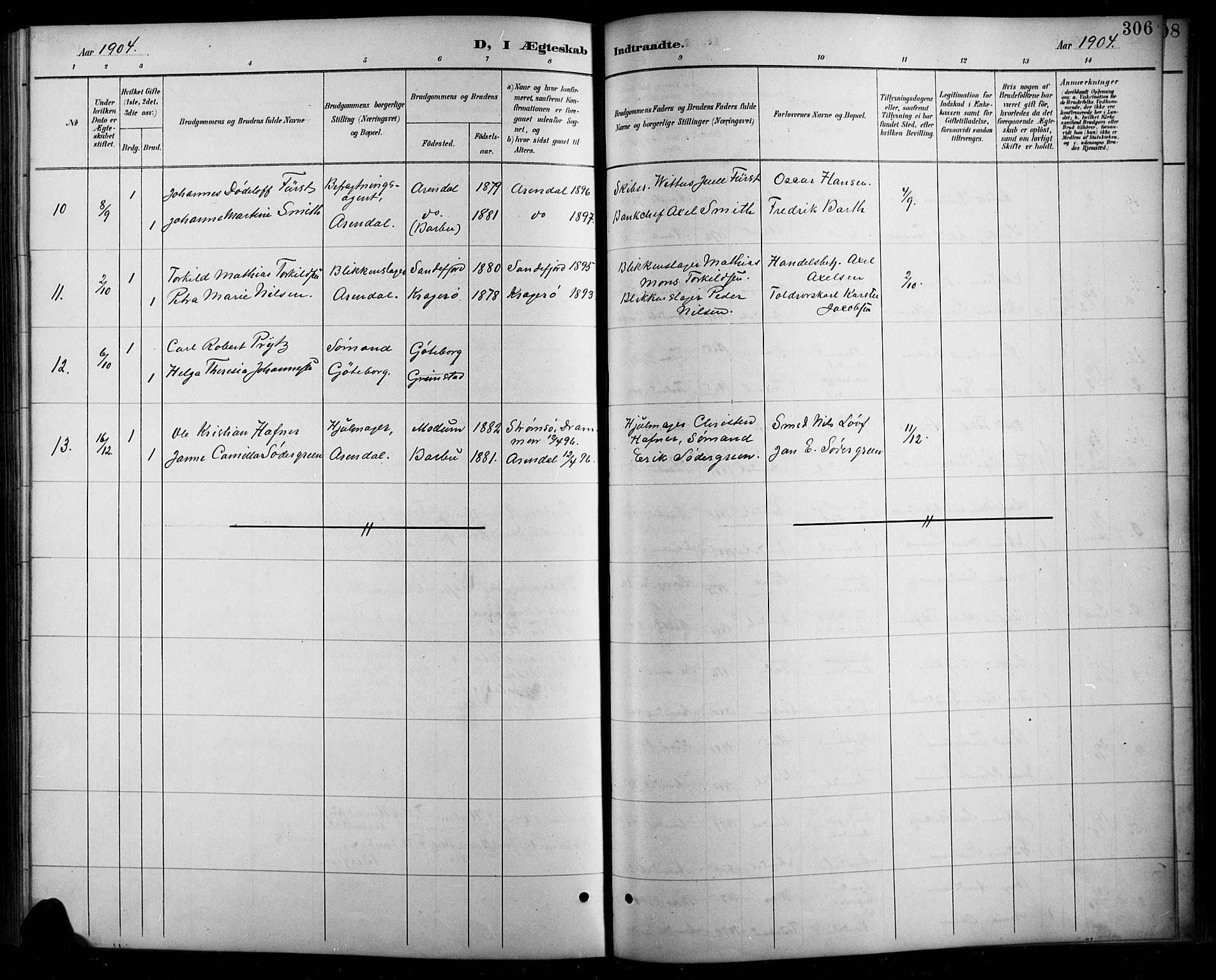 Arendal sokneprestkontor, Trefoldighet, SAK/1111-0040/F/Fb/L0006: Parish register (copy) no. B 6, 1889-1916, p. 306