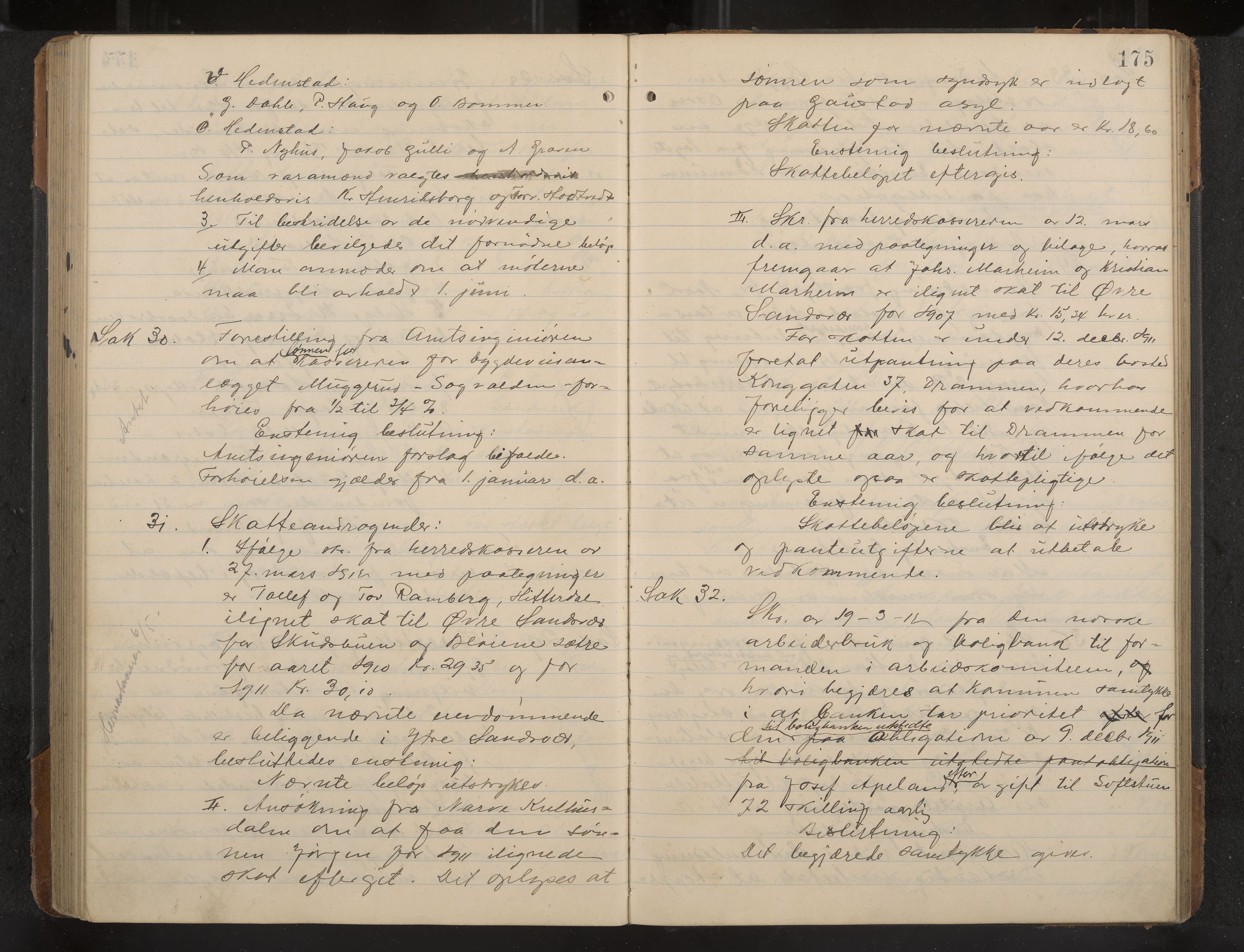 Øvre Sandsvær formannskap og sentraladministrasjon, IKAK/0630021/A/L0001: Møtebok med register, 1908-1913, p. 175