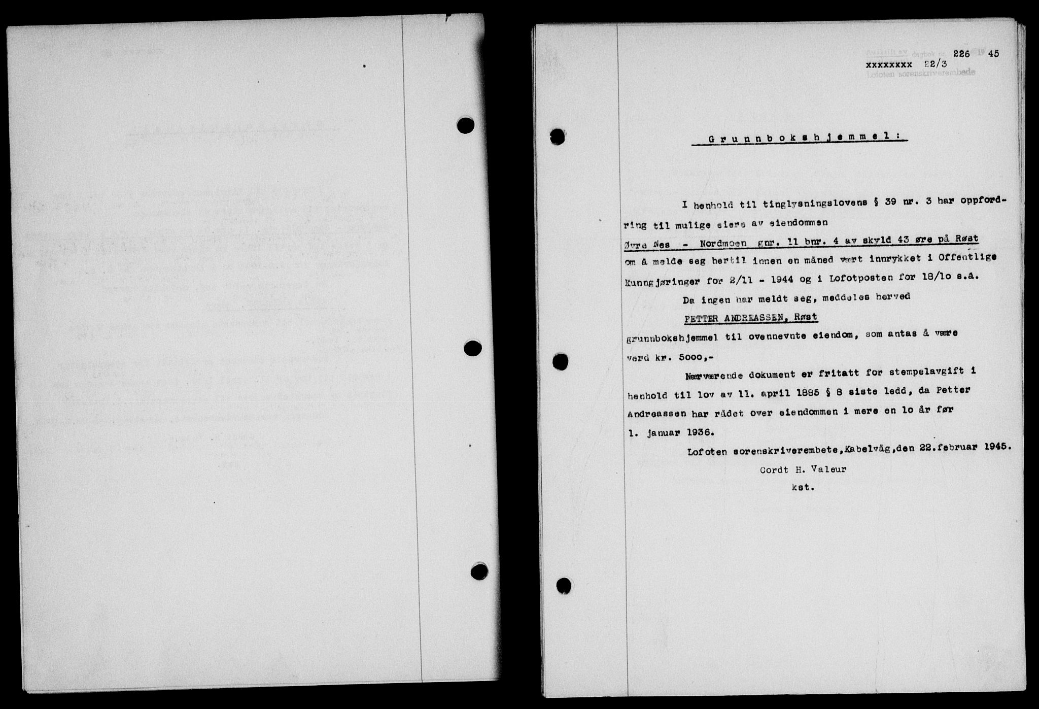 Lofoten sorenskriveri, SAT/A-0017/1/2/2C/L0013a: Mortgage book no. 13a, 1944-1946, Diary no: : 226/1945