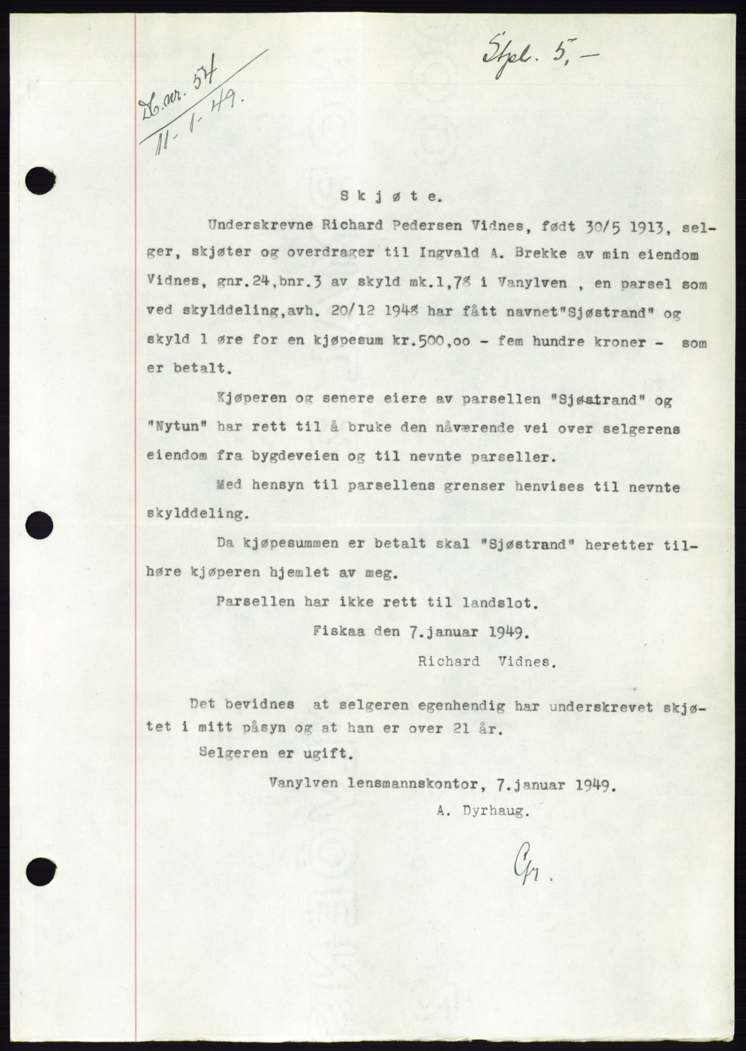 Søre Sunnmøre sorenskriveri, AV/SAT-A-4122/1/2/2C/L0083: Mortgage book no. 9A, 1948-1949, Diary no: : 54/1949