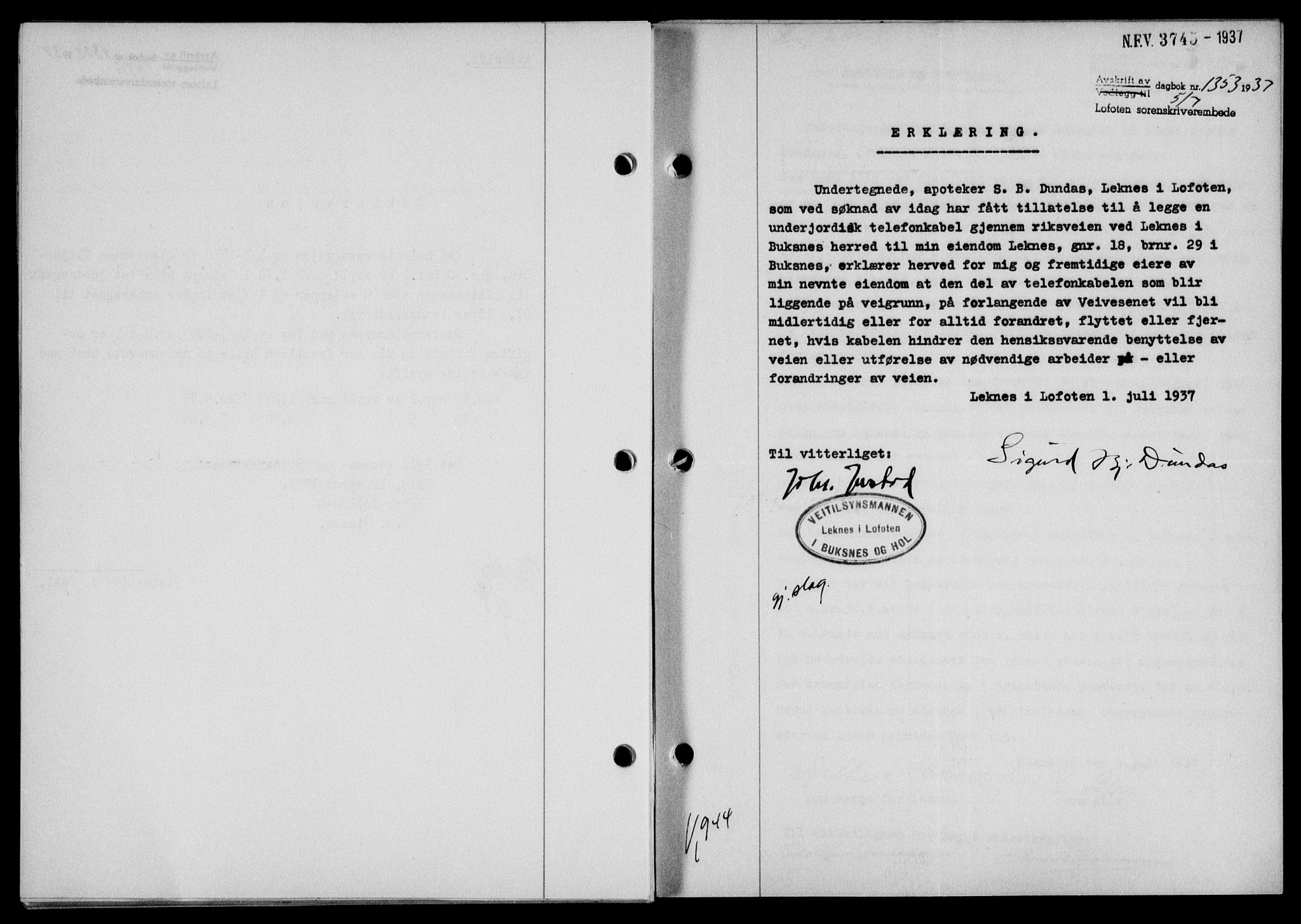 Lofoten sorenskriveri, SAT/A-0017/1/2/2C/L0002a: Mortgage book no. 2a, 1937-1937, Diary no: : 1353/1937
