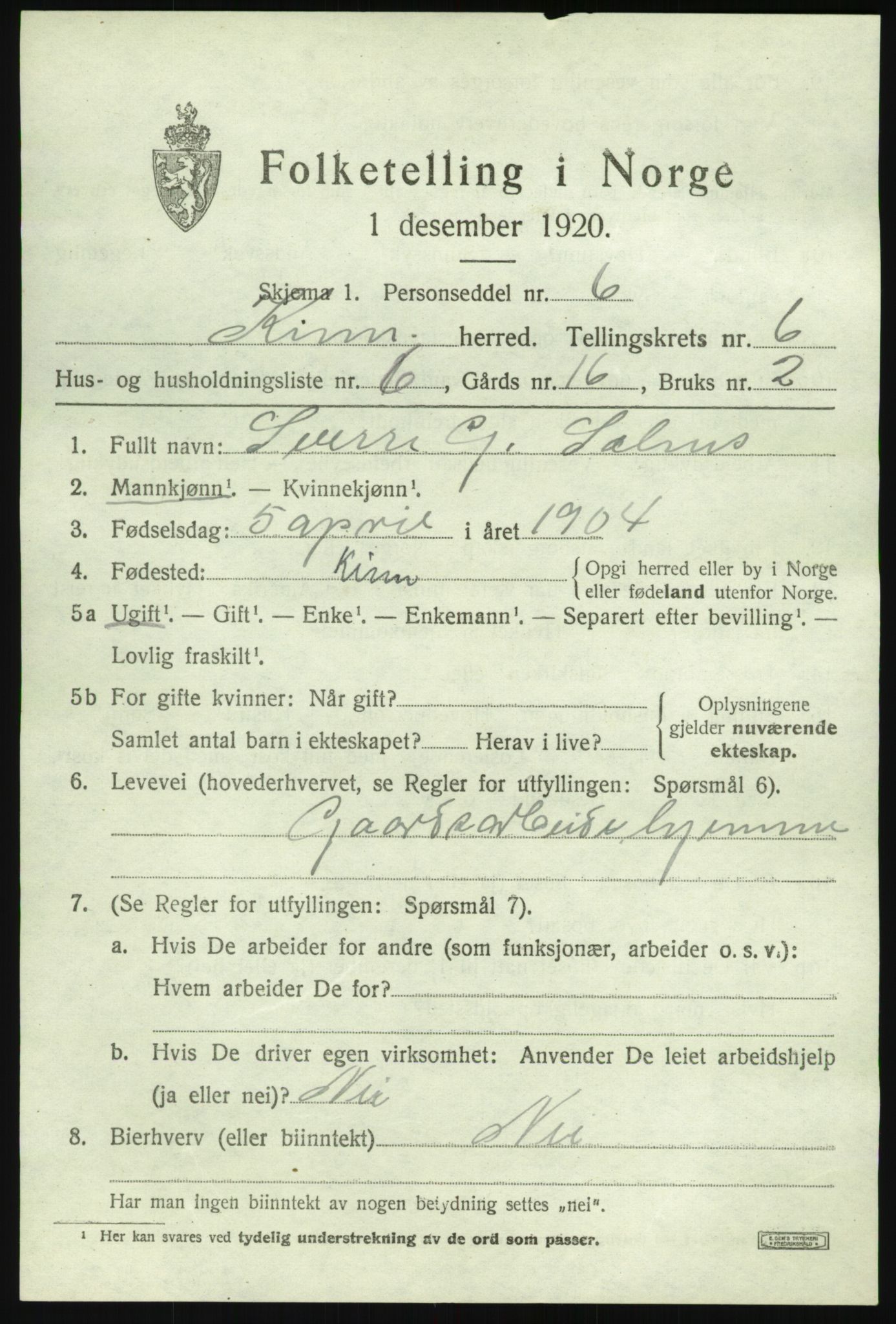SAB, 1920 census for Kinn, 1920, p. 2827
