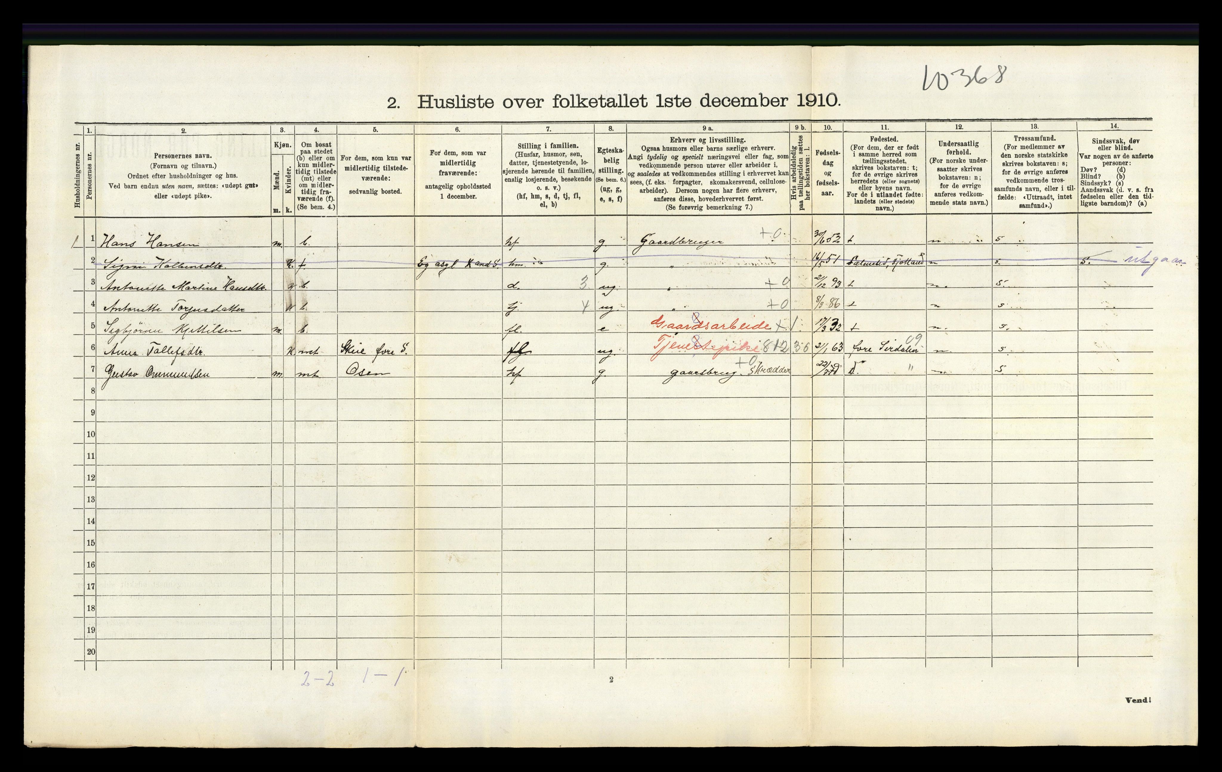 RA, 1910 census for Tonstad, 1910, p. 169