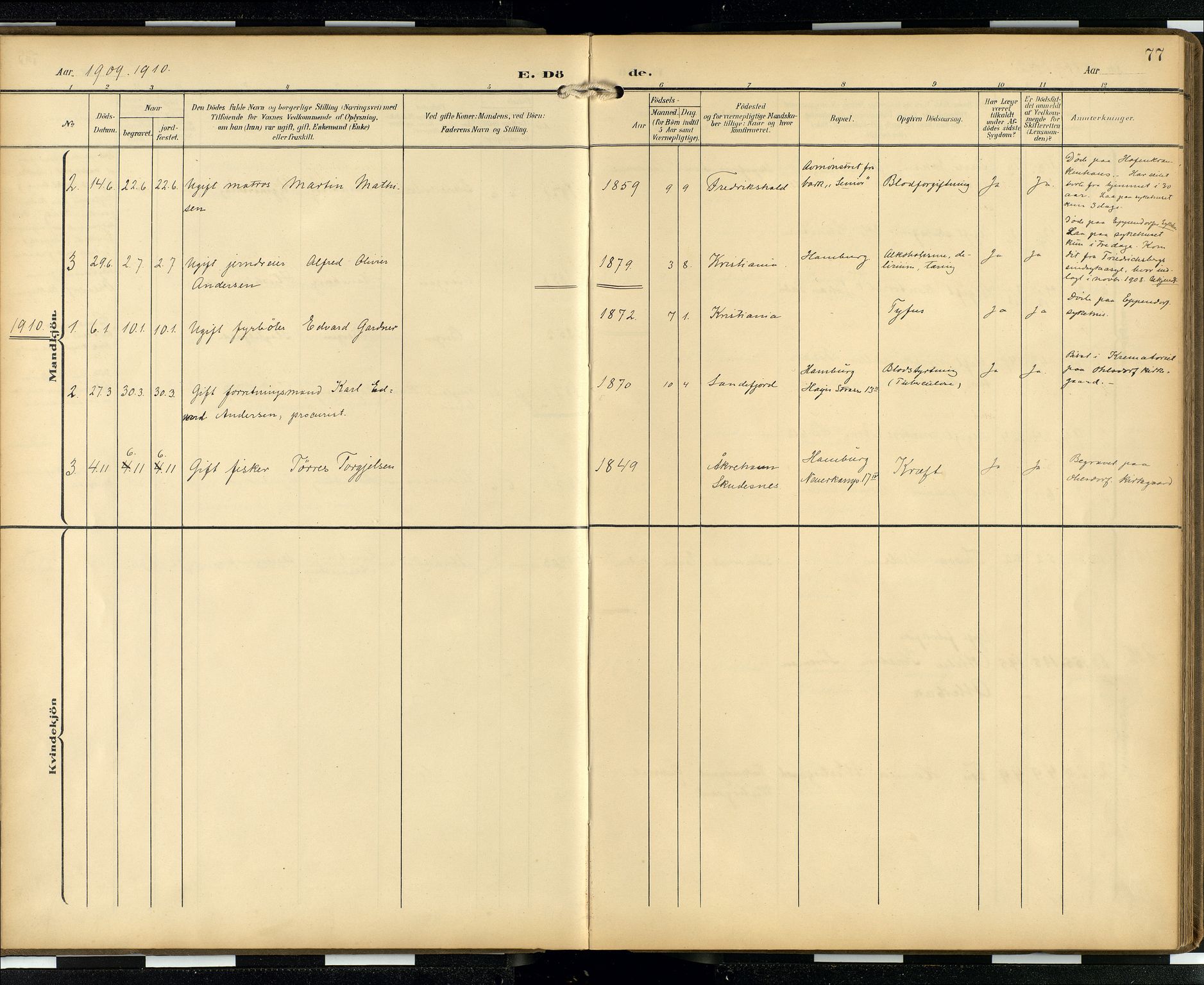 Den norske sjømannsmisjon i utlandet/Hamburg, AV/SAB-SAB/PA-0107/H/Ha/L0001: Parish register (official) no. A 1, 1907-1951, p. 76b-77a