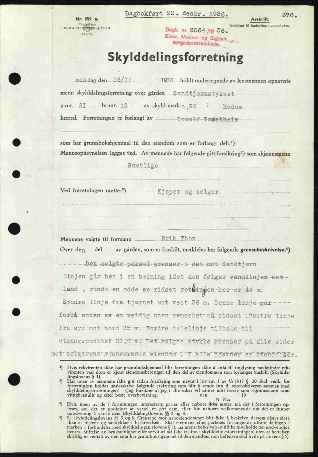 Eiker, Modum og Sigdal sorenskriveri, SAKO/A-123/G/Ga/Gab/L0034: Mortgage book no. A4, 1936-1937, Diary no: : 3064/1936