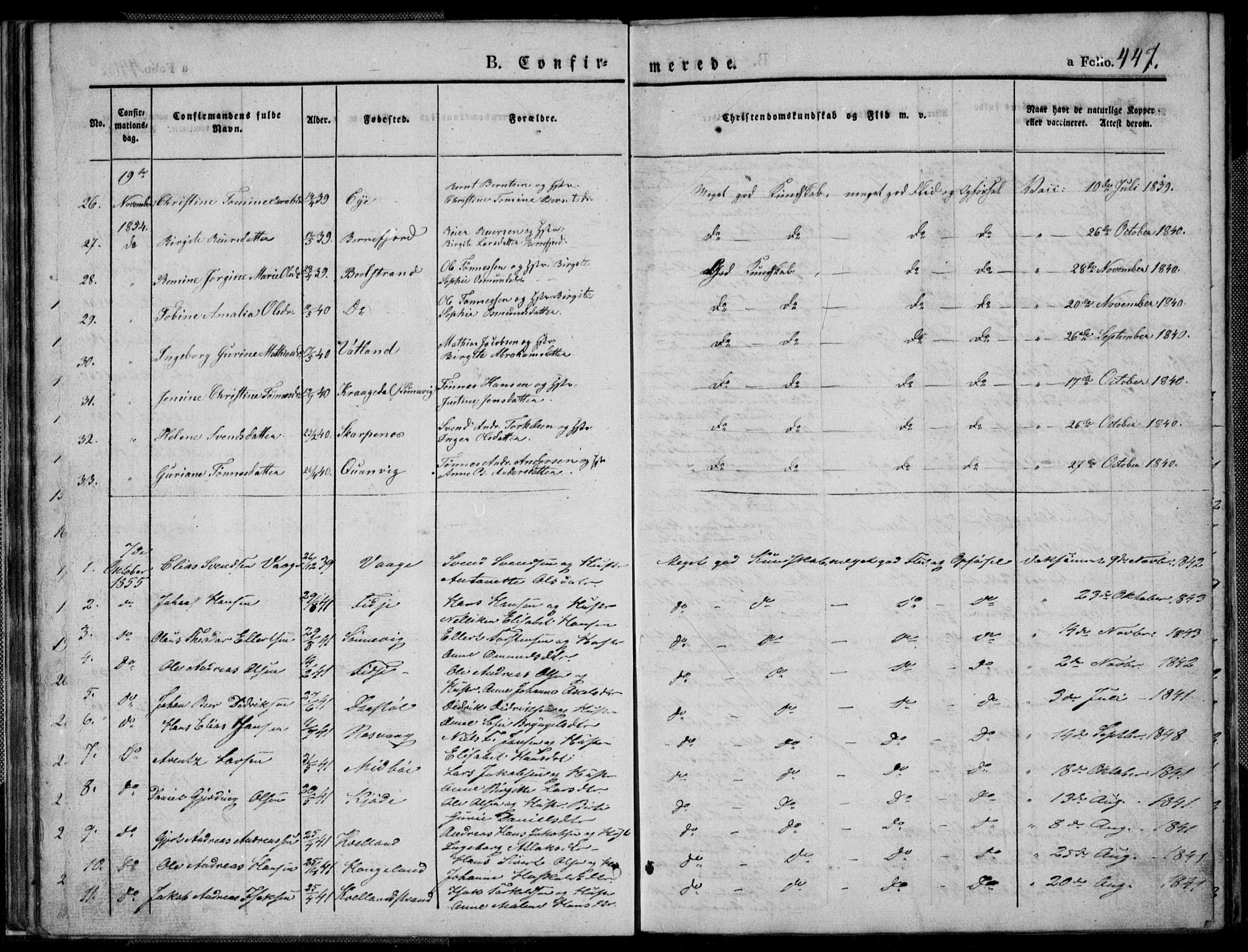 Flekkefjord sokneprestkontor, SAK/1111-0012/F/Fb/Fbb/L0002: Parish register (copy) no. B 2b, 1831-1866, p. 447