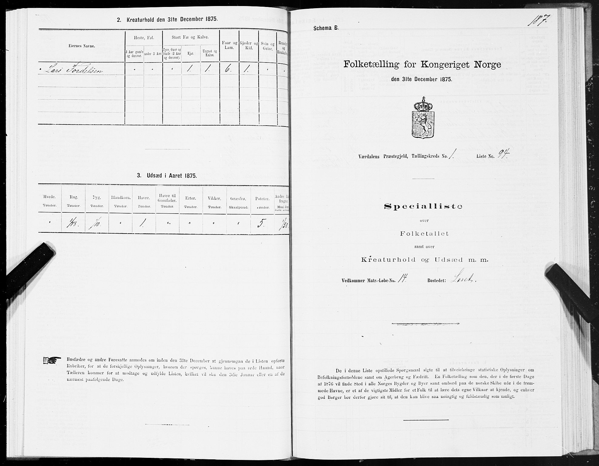 SAT, 1875 census for 1721P Verdal, 1875, p. 1187