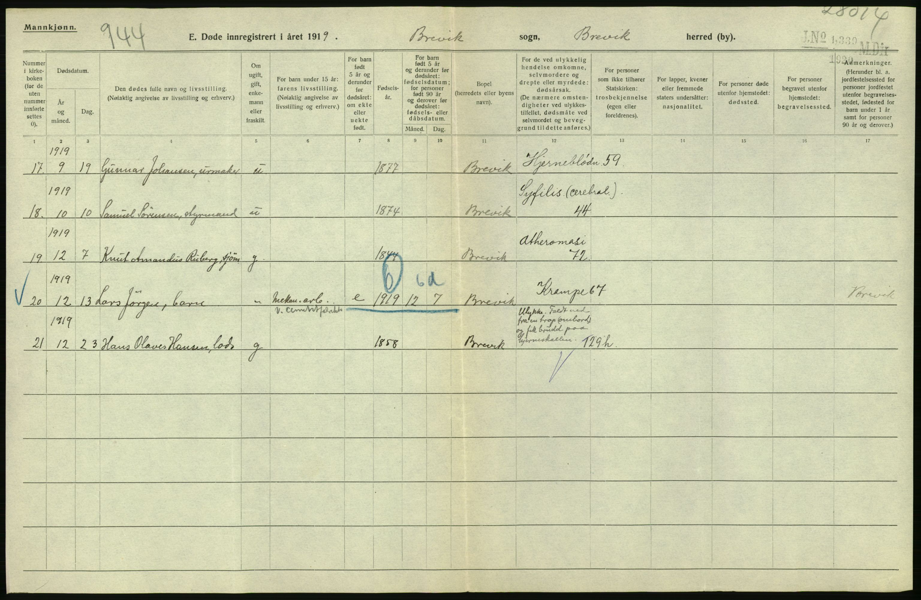 Statistisk sentralbyrå, Sosiodemografiske emner, Befolkning, AV/RA-S-2228/D/Df/Dfb/Dfbi/L0023: Telemark fylke: Døde. Bygder og byer., 1919, p. 376