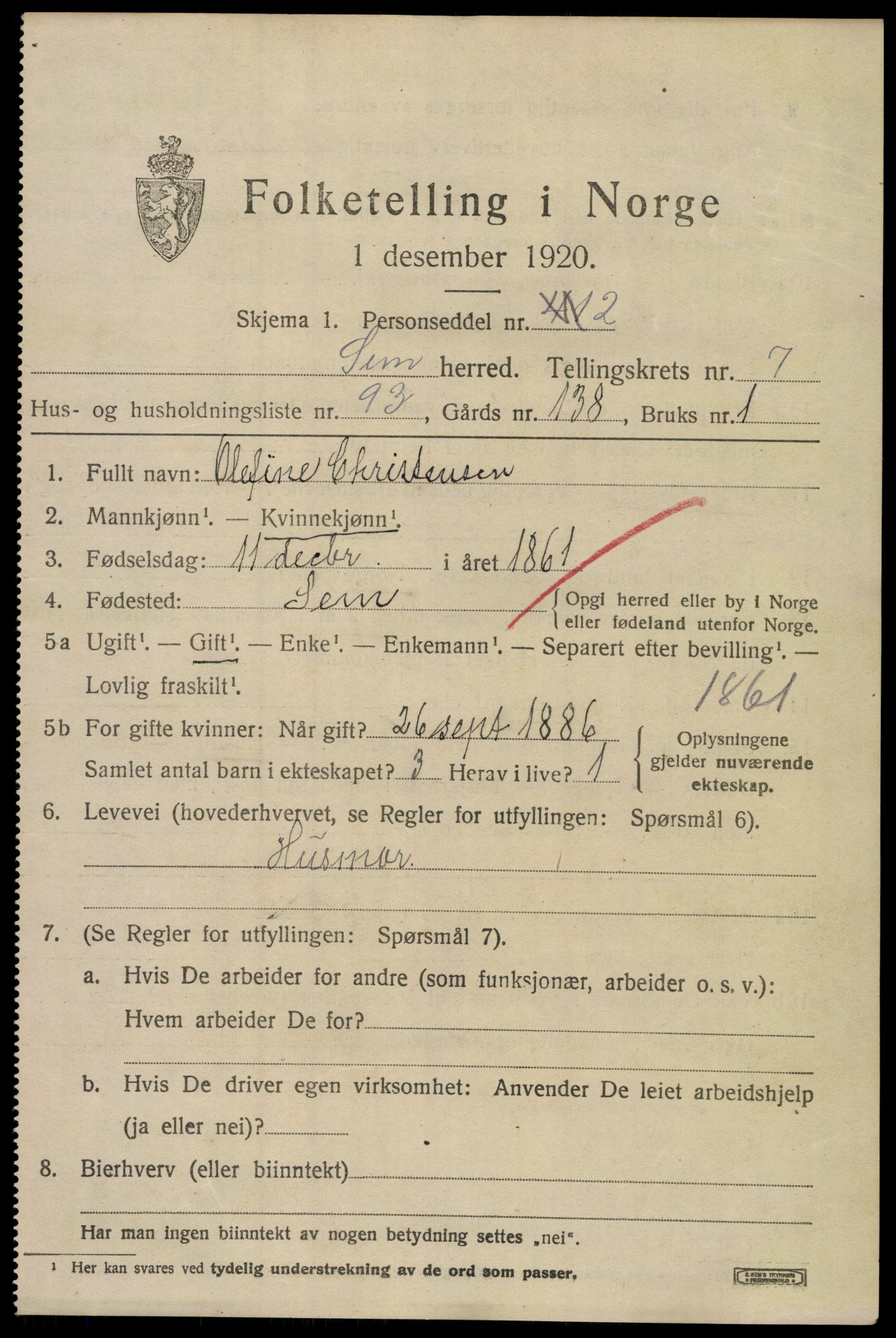 SAKO, 1920 census for Sem, 1920, p. 11167