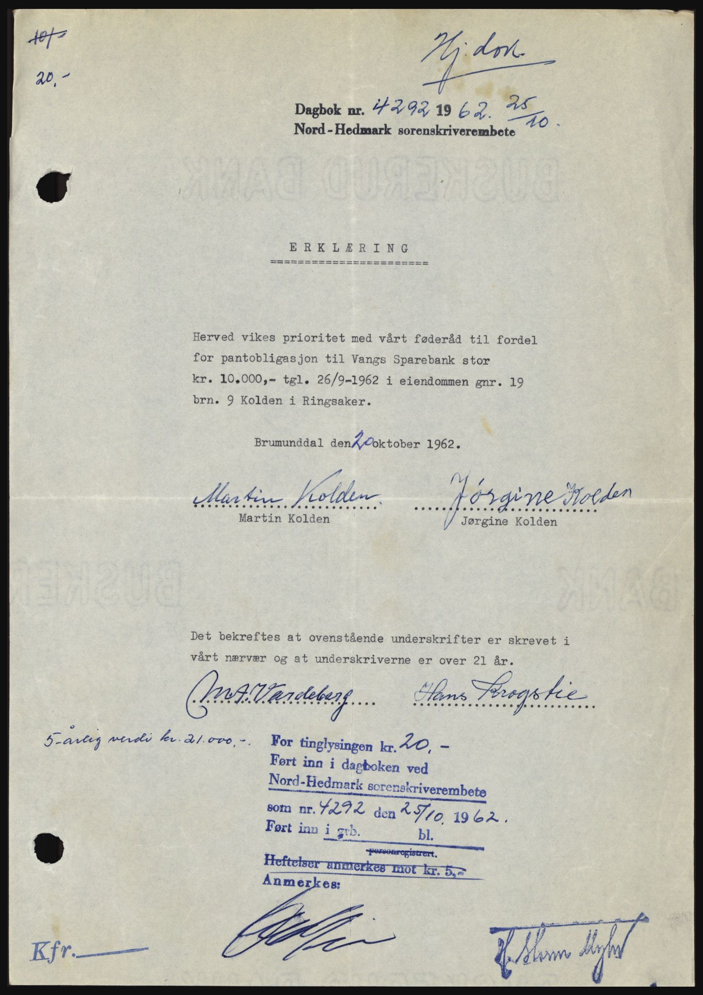 Nord-Hedmark sorenskriveri, AV/SAH-TING-012/H/Hc/L0016: Mortgage book no. 16, 1962-1962, Diary no: : 4292/1962