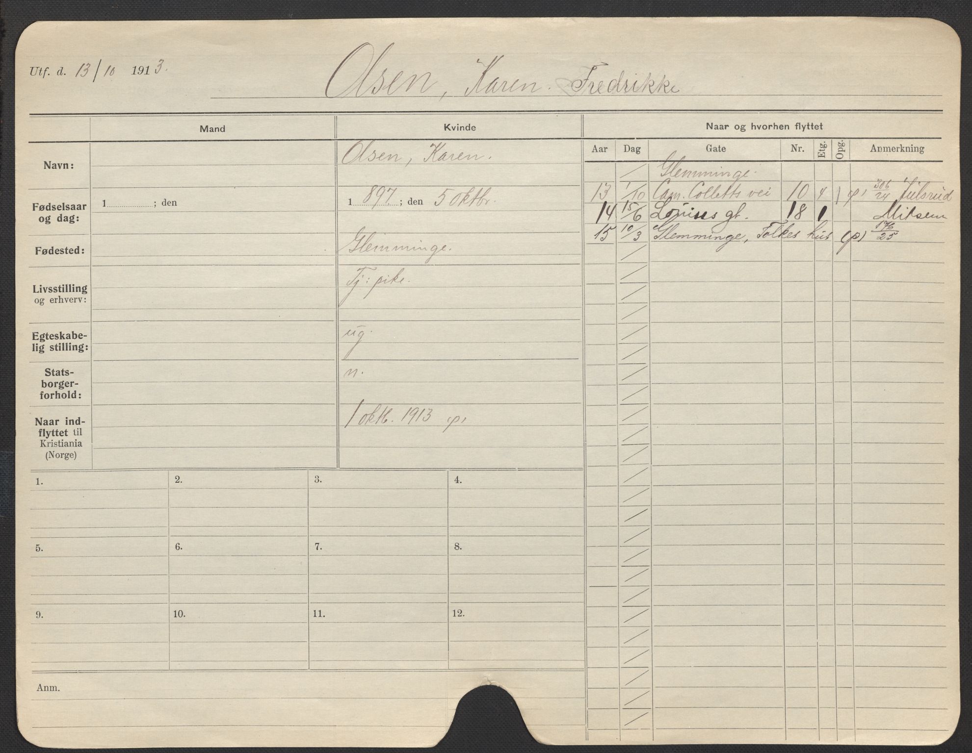 Oslo folkeregister, Registerkort, AV/SAO-A-11715/F/Fa/Fac/L0022: Kvinner, 1906-1914, p. 13a