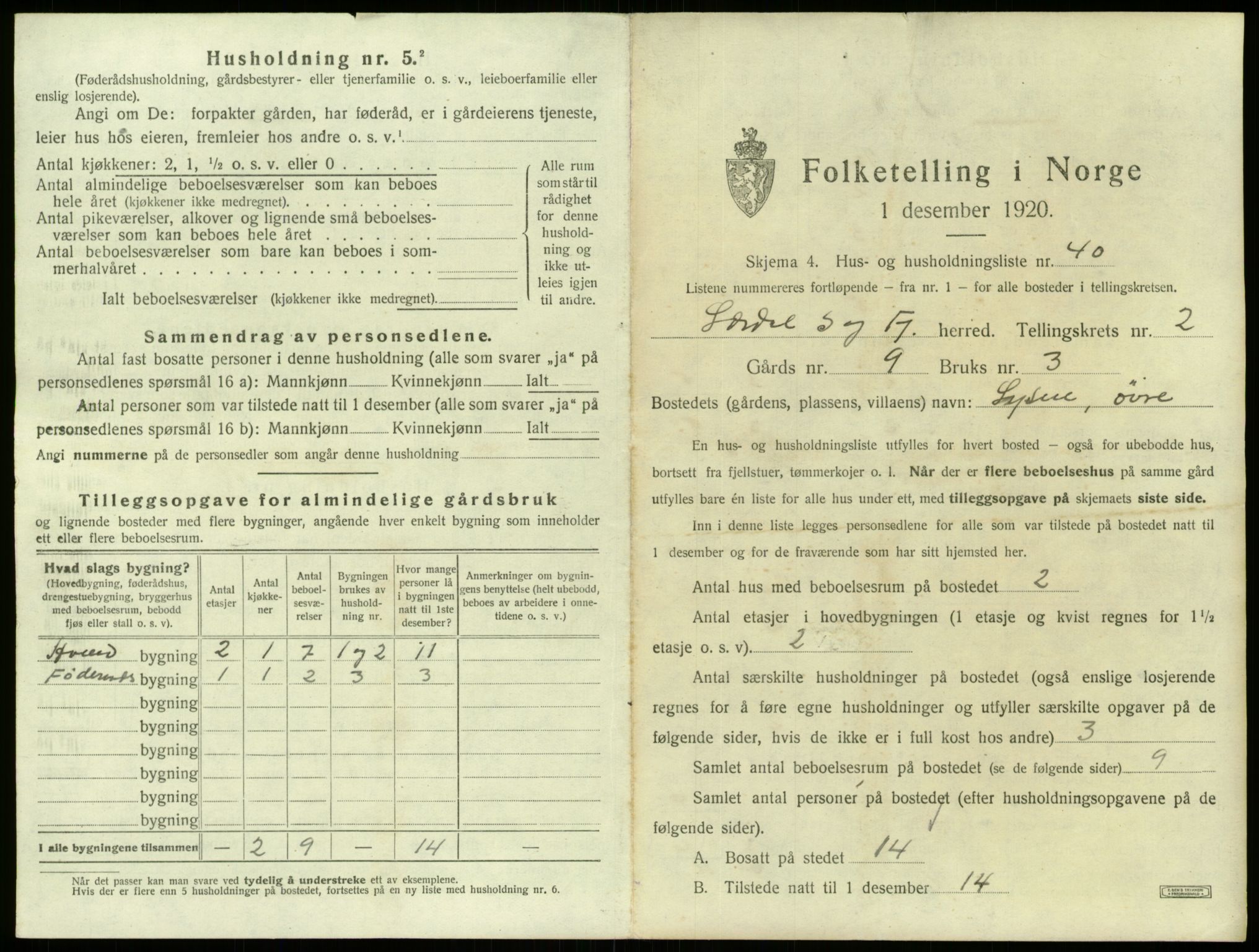 SAB, 1920 census for Lærdal, 1920, p. 208