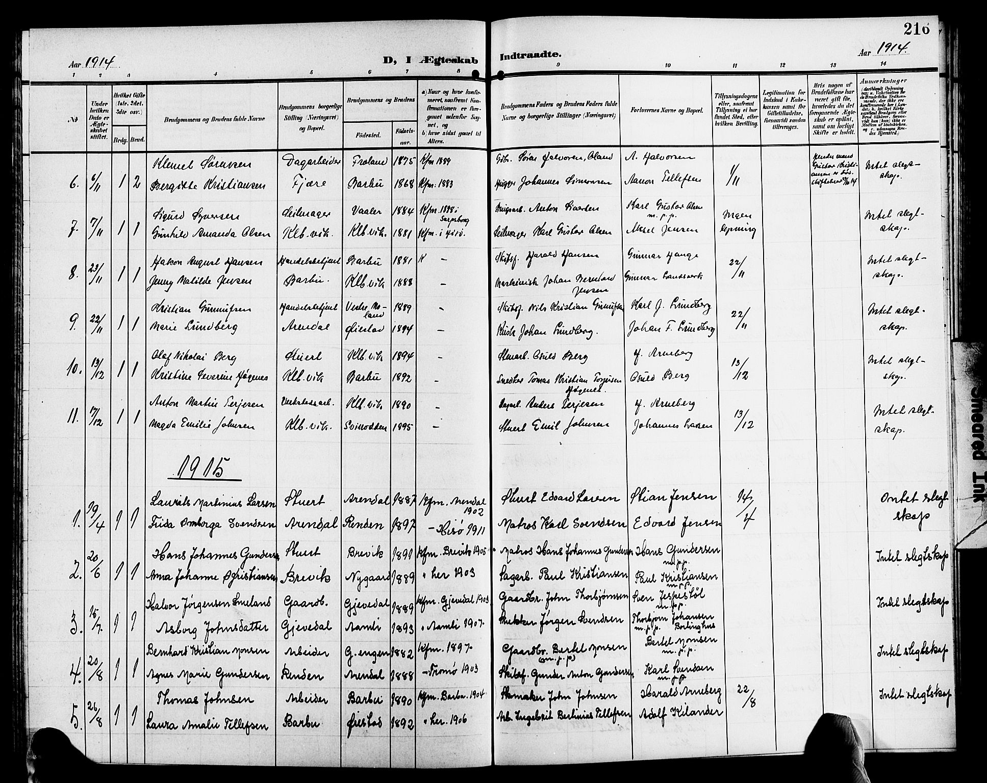 Hisøy sokneprestkontor, AV/SAK-1111-0020/F/Fb/L0004: Parish register (copy) no. B 4, 1905-1923, p. 216