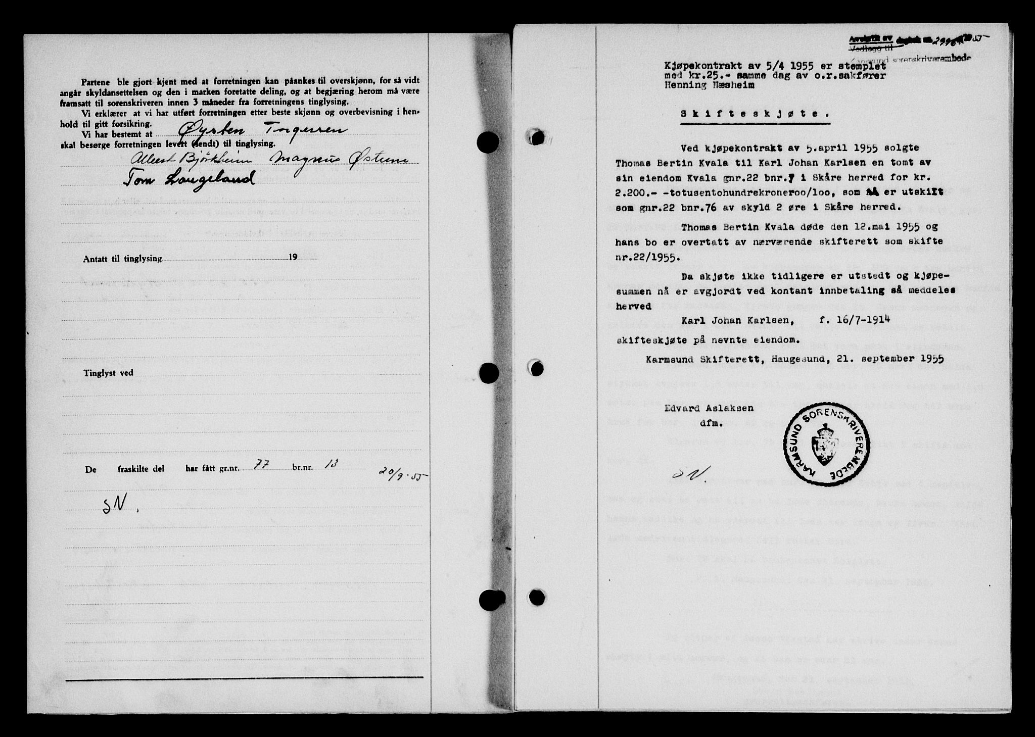 Karmsund sorenskriveri, SAST/A-100311/01/II/IIB/L0117: Mortgage book no. 97Aa, 1955-1955, Diary no: : 2996/1955
