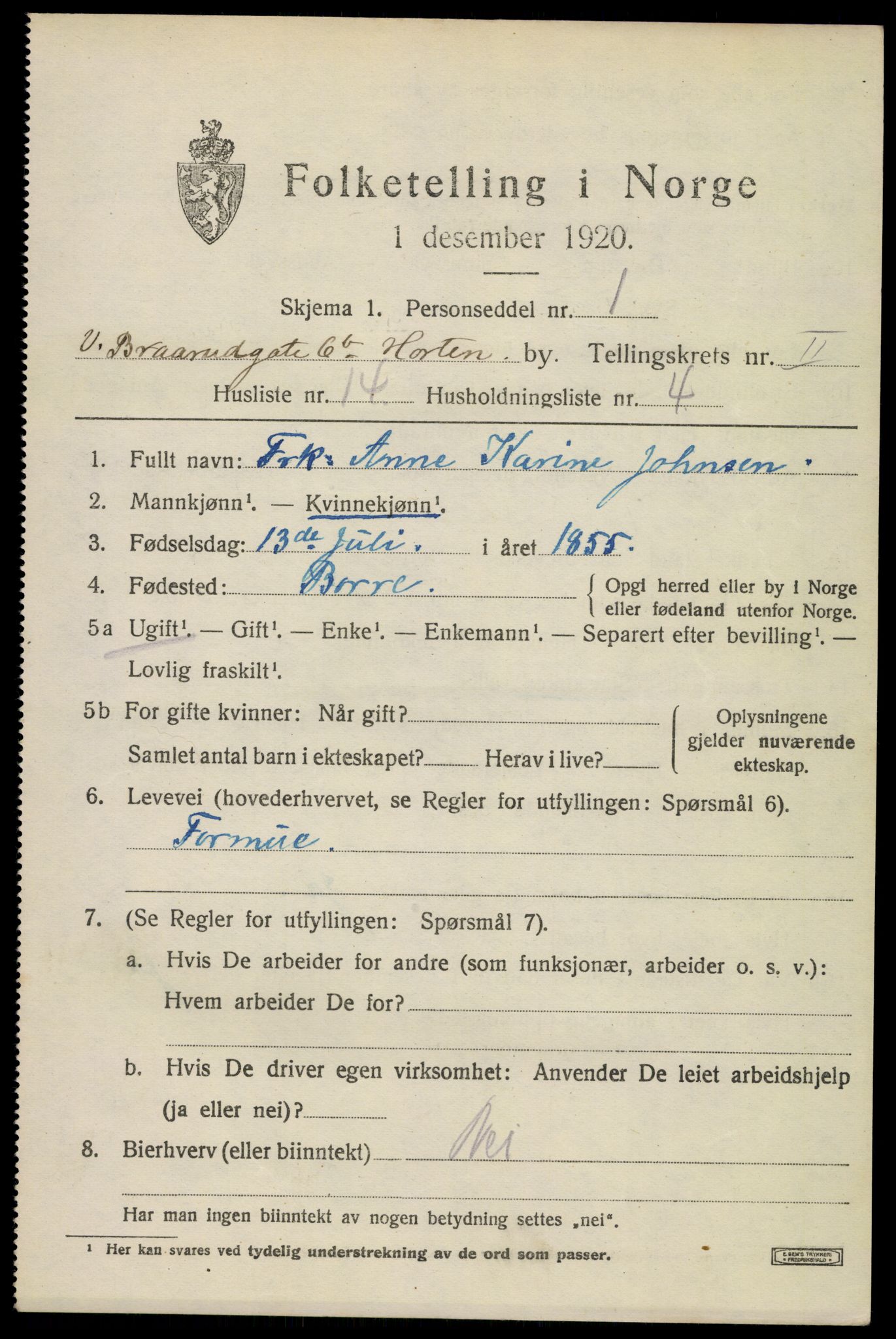 SAKO, 1920 census for Horten, 1920, p. 10377