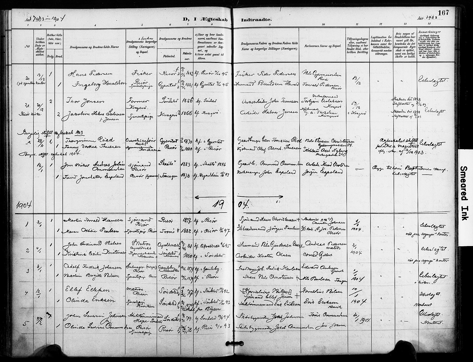 Risør sokneprestkontor, SAK/1111-0035/F/Fa/L0010: Parish register (official) no. A 10, 1896-1906, p. 167