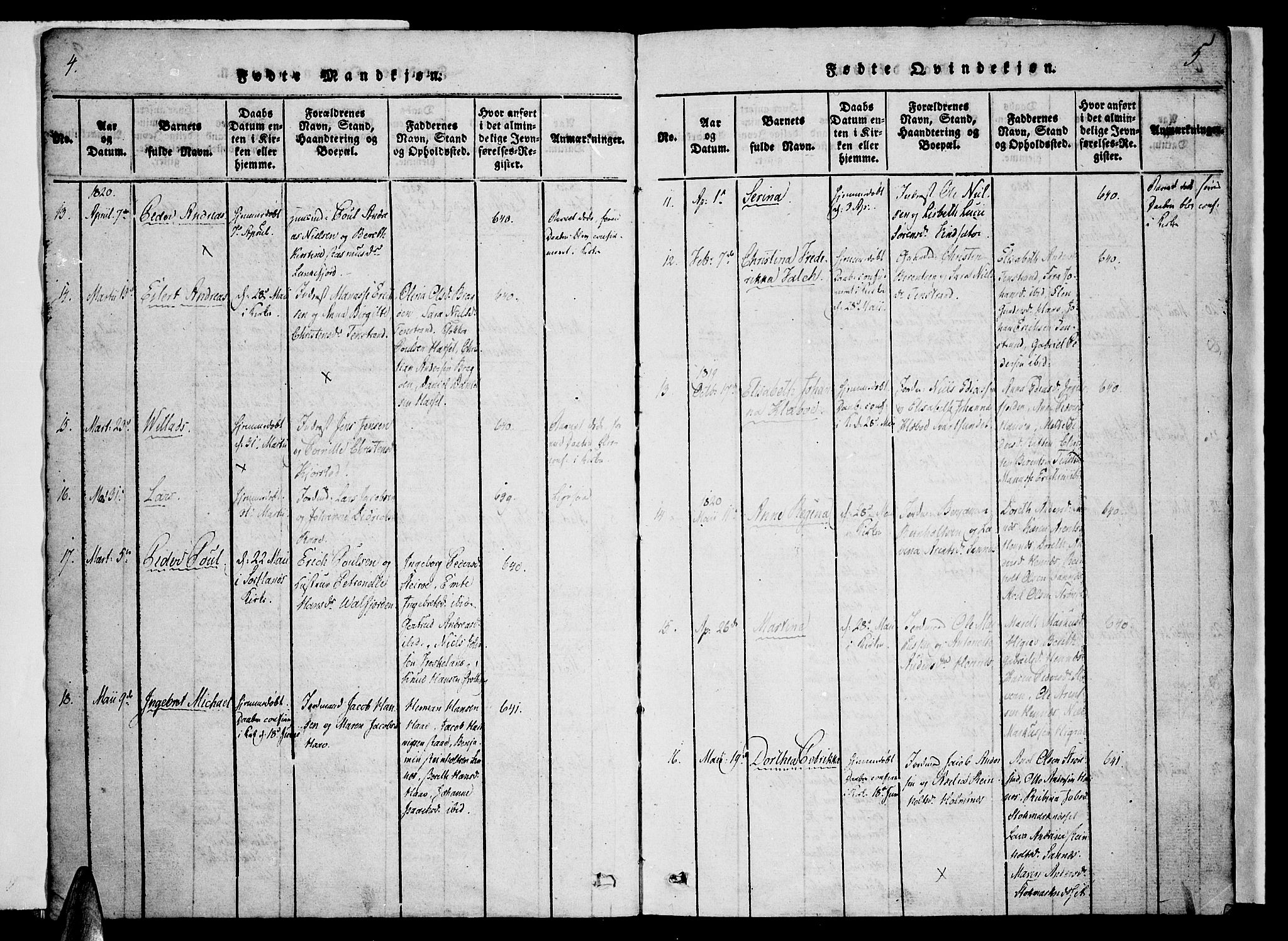 Ministerialprotokoller, klokkerbøker og fødselsregistre - Nordland, AV/SAT-A-1459/888/L1237: Parish register (official) no. 888A05 /1, 1820-1836, p. 4-5