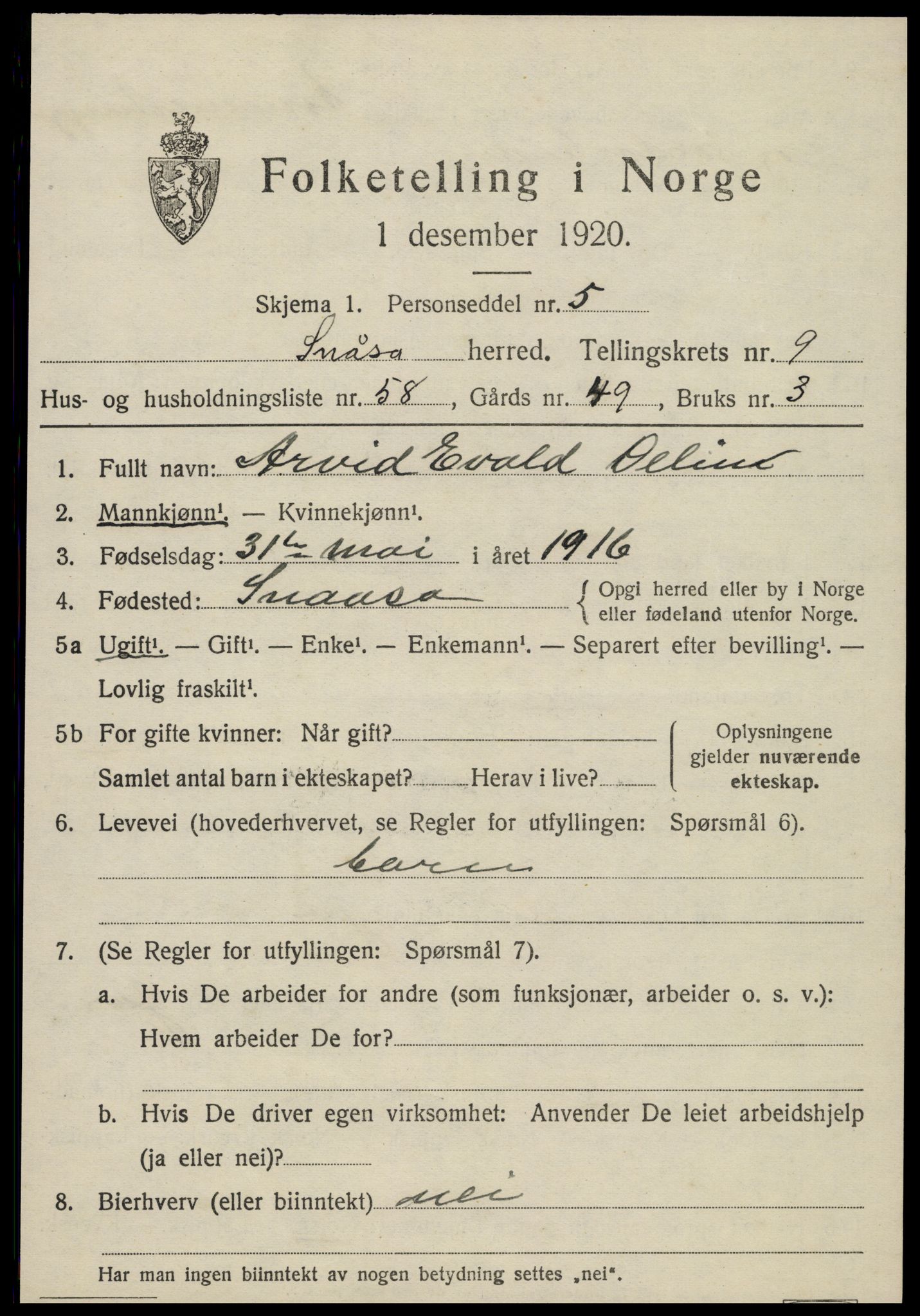 SAT, 1920 census for Snåsa, 1920, p. 4328