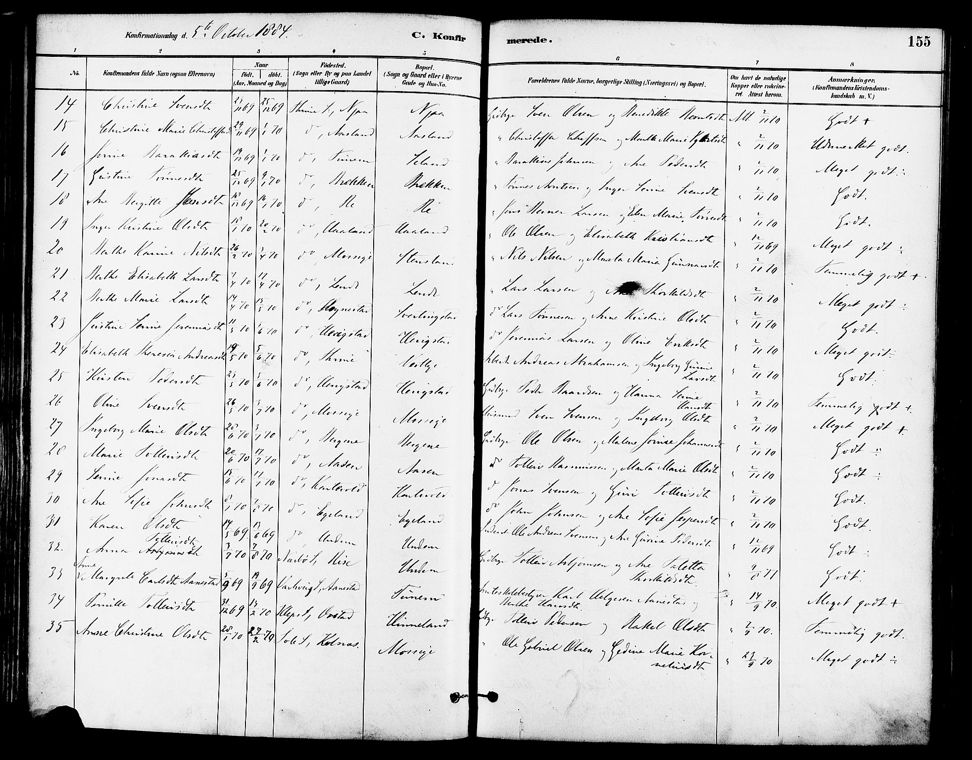 Lye sokneprestkontor, AV/SAST-A-101794/001/30BA/L0009: Parish register (official) no. A 8, 1881-1892, p. 155