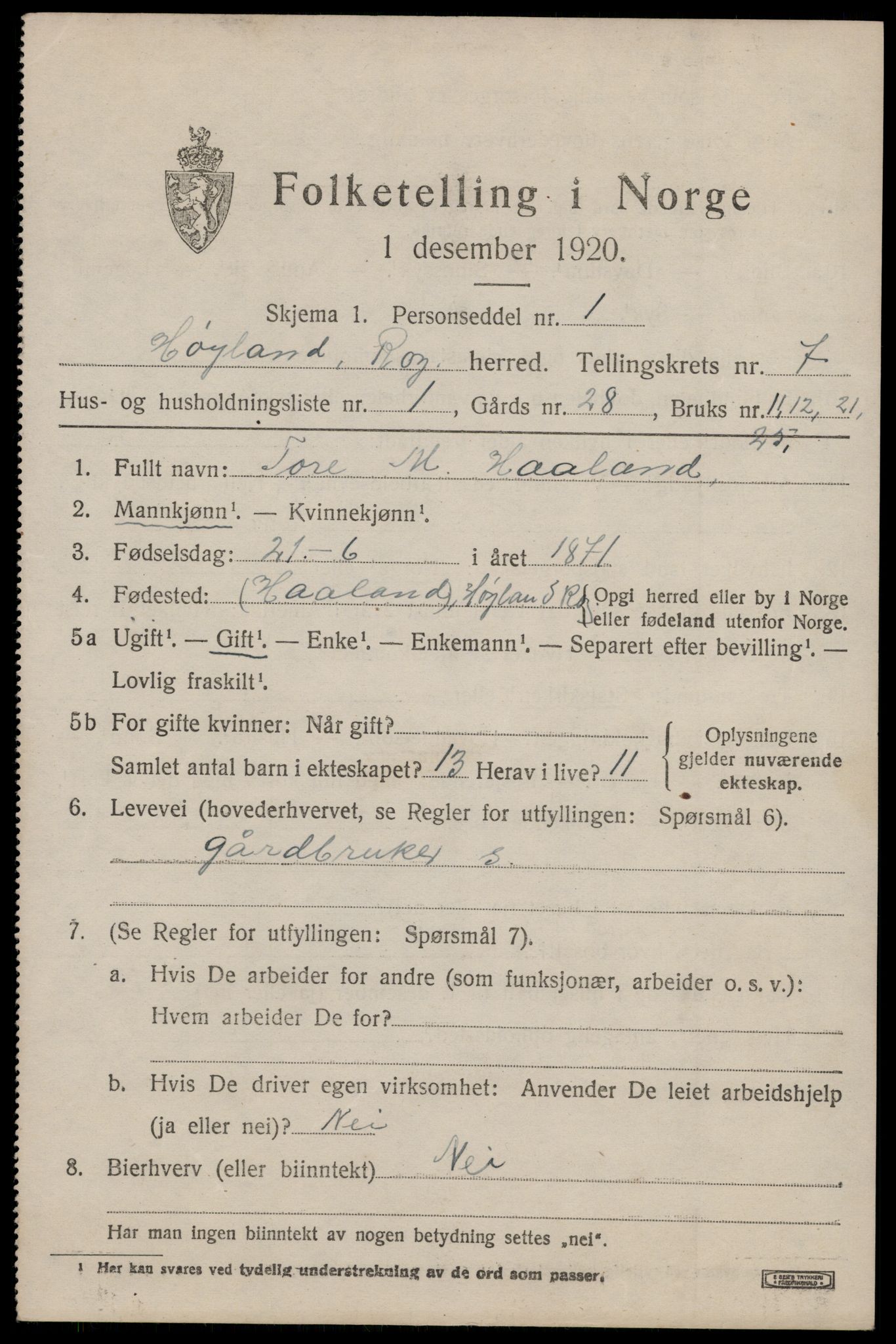 SAST, 1920 census for Høyland, 1920, p. 4608