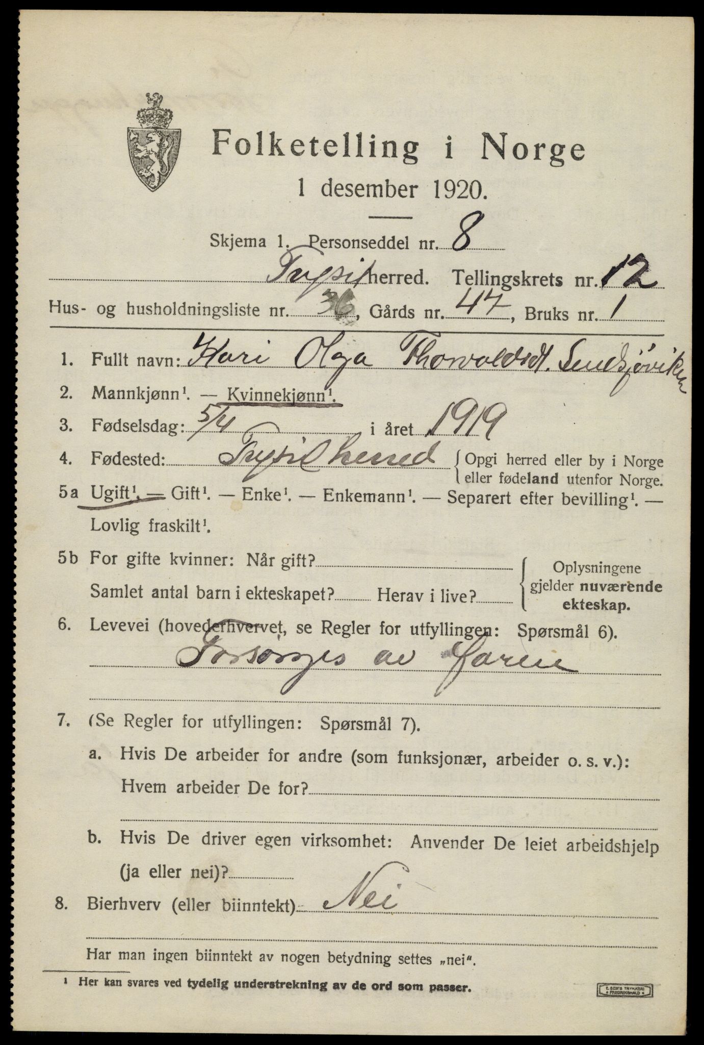 SAH, 1920 census for Trysil, 1920, p. 7601