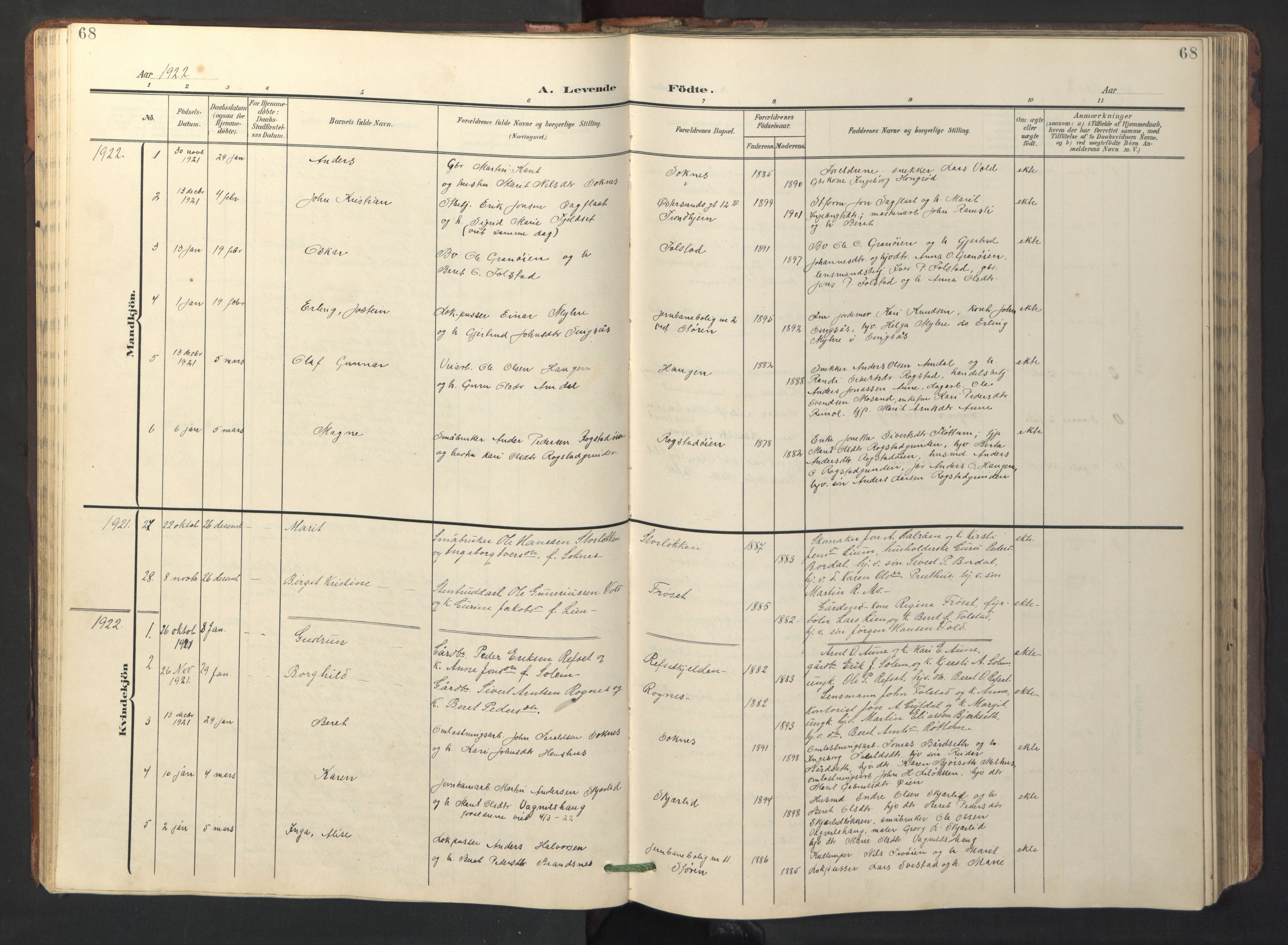 Ministerialprotokoller, klokkerbøker og fødselsregistre - Sør-Trøndelag, SAT/A-1456/687/L1019: Parish register (copy) no. 687C03, 1904-1931, p. 68