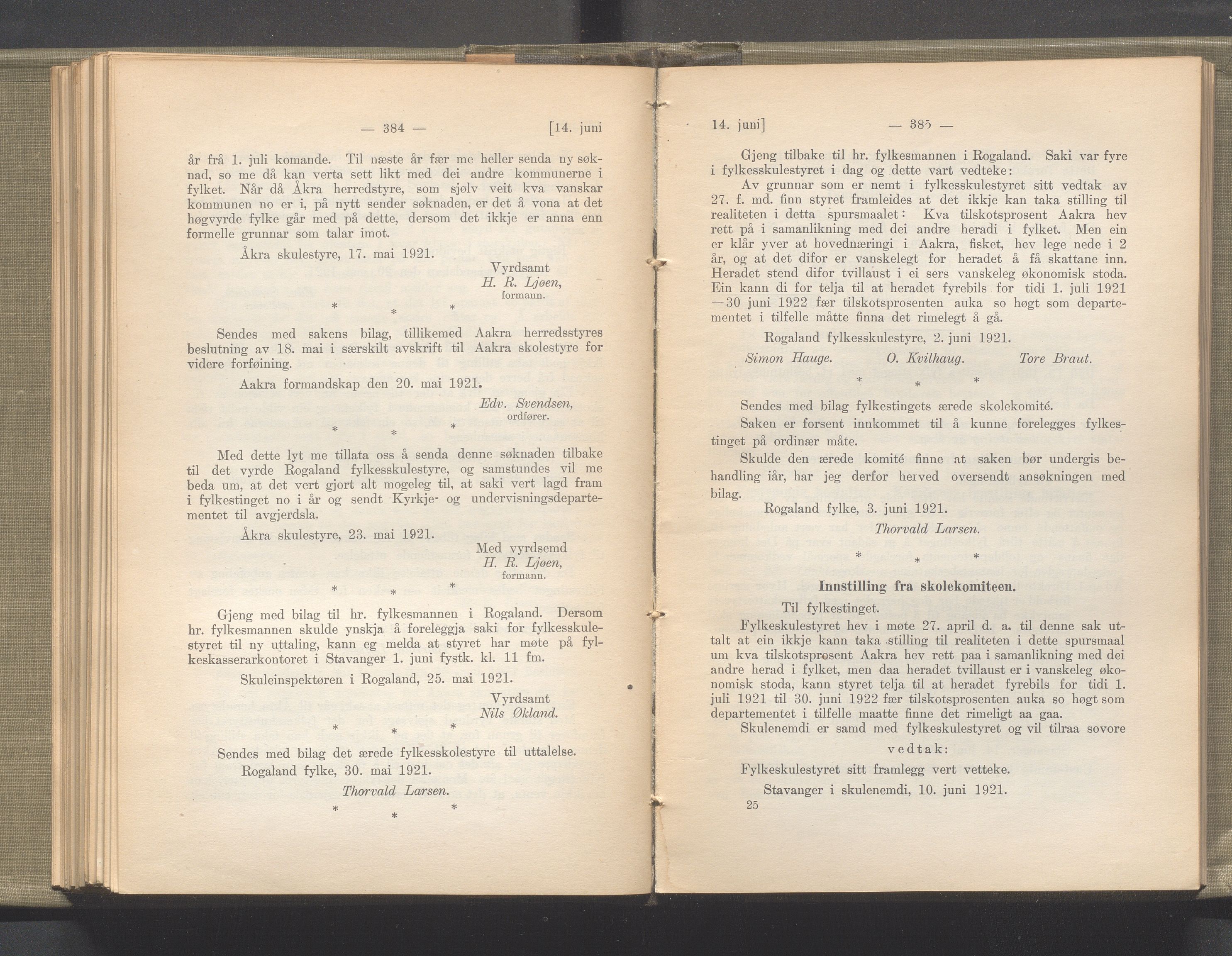 Rogaland fylkeskommune - Fylkesrådmannen , IKAR/A-900/A/Aa/Aaa/L0040: Møtebok , 1921, p. 384-385