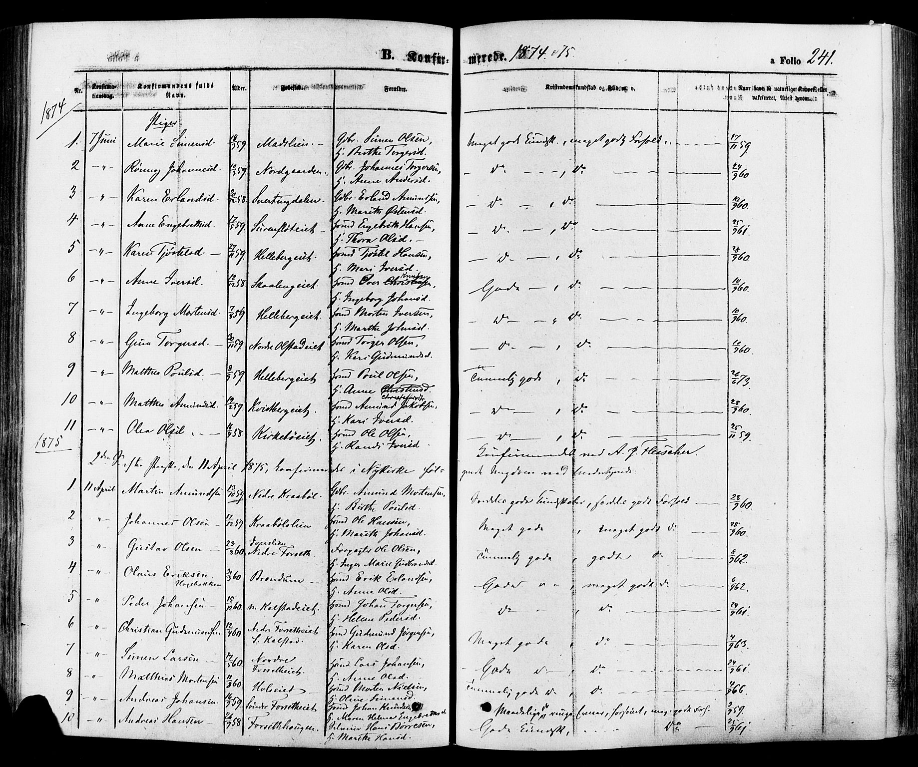 Gausdal prestekontor, SAH/PREST-090/H/Ha/Haa/L0010: Parish register (official) no. 10, 1867-1886, p. 241