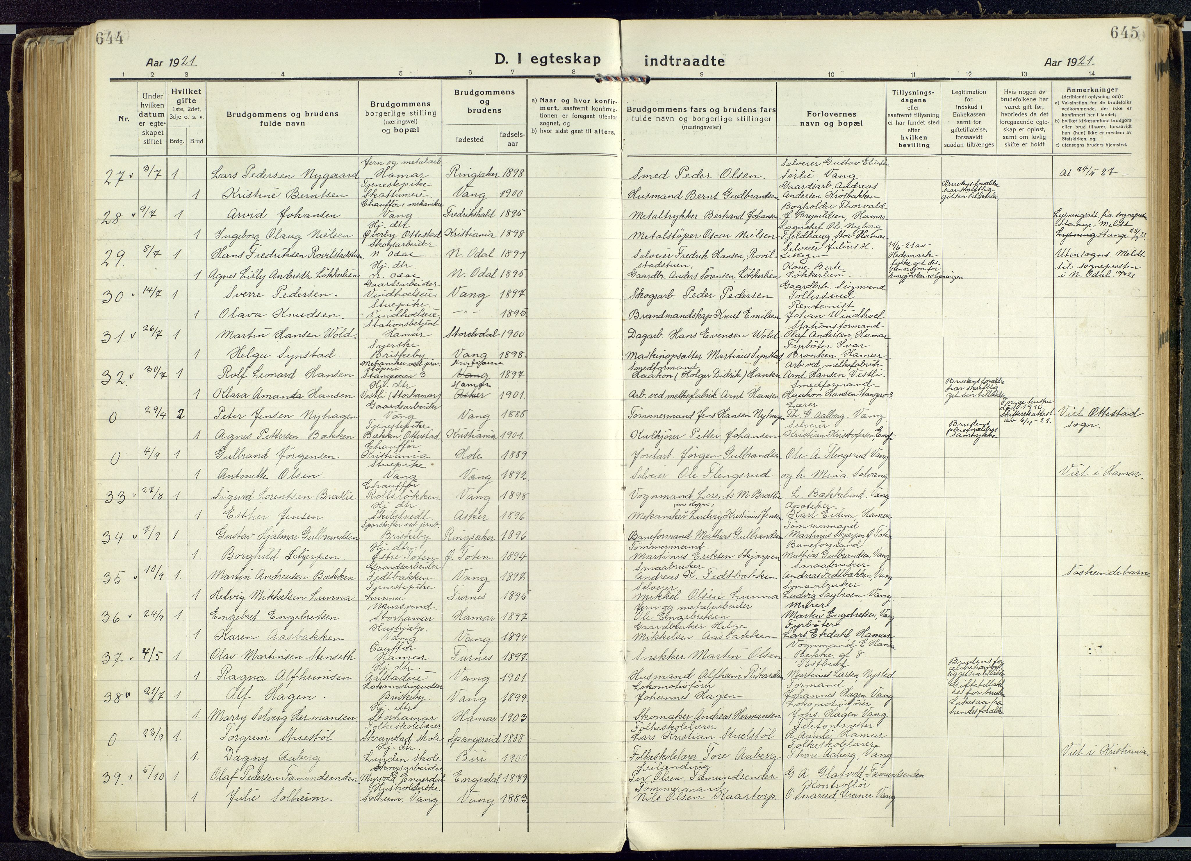 Vang prestekontor, Hedmark, AV/SAH-PREST-008/H/Ha/Haa/L0022: Parish register (official) no. 22, 1918-1944, p. 644-645