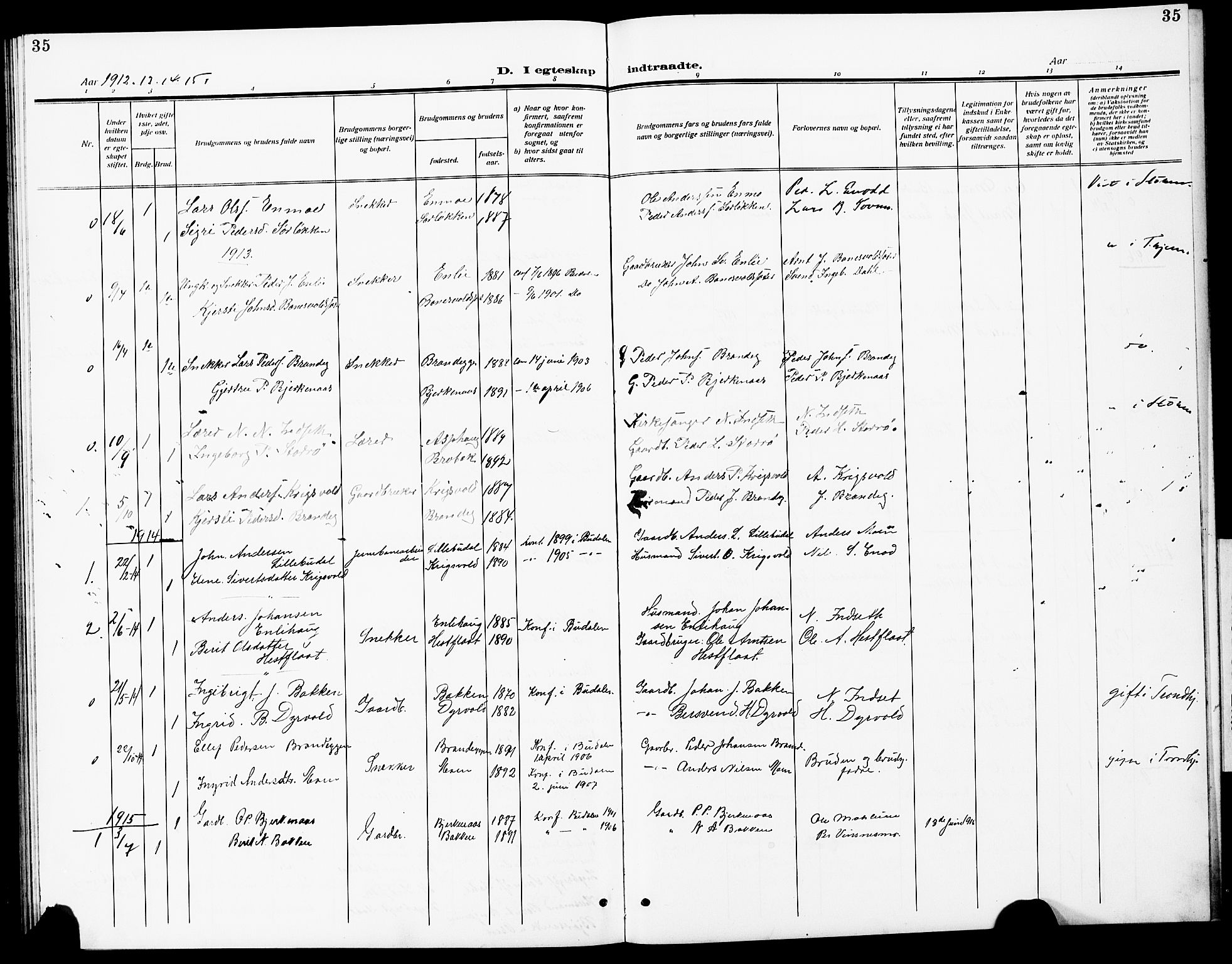 Ministerialprotokoller, klokkerbøker og fødselsregistre - Sør-Trøndelag, SAT/A-1456/690/L1052: Parish register (copy) no. 690C02, 1907-1929, p. 35