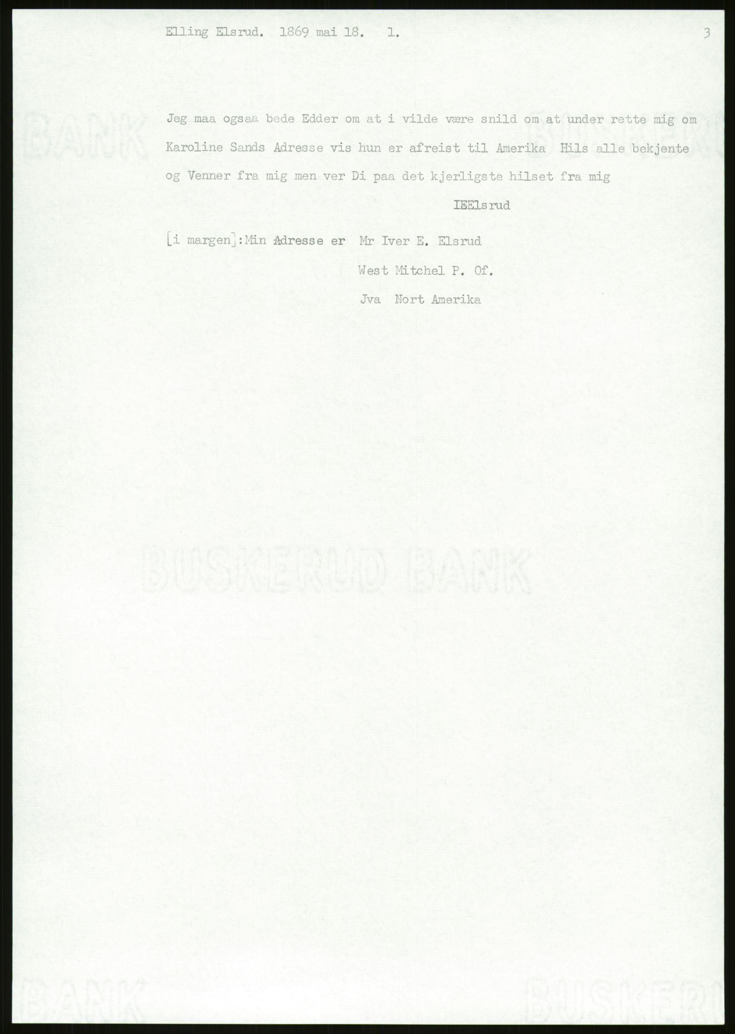 Samlinger til kildeutgivelse, Amerikabrevene, AV/RA-EA-4057/F/L0018: Innlån fra Buskerud: Elsrud, 1838-1914, p. 407