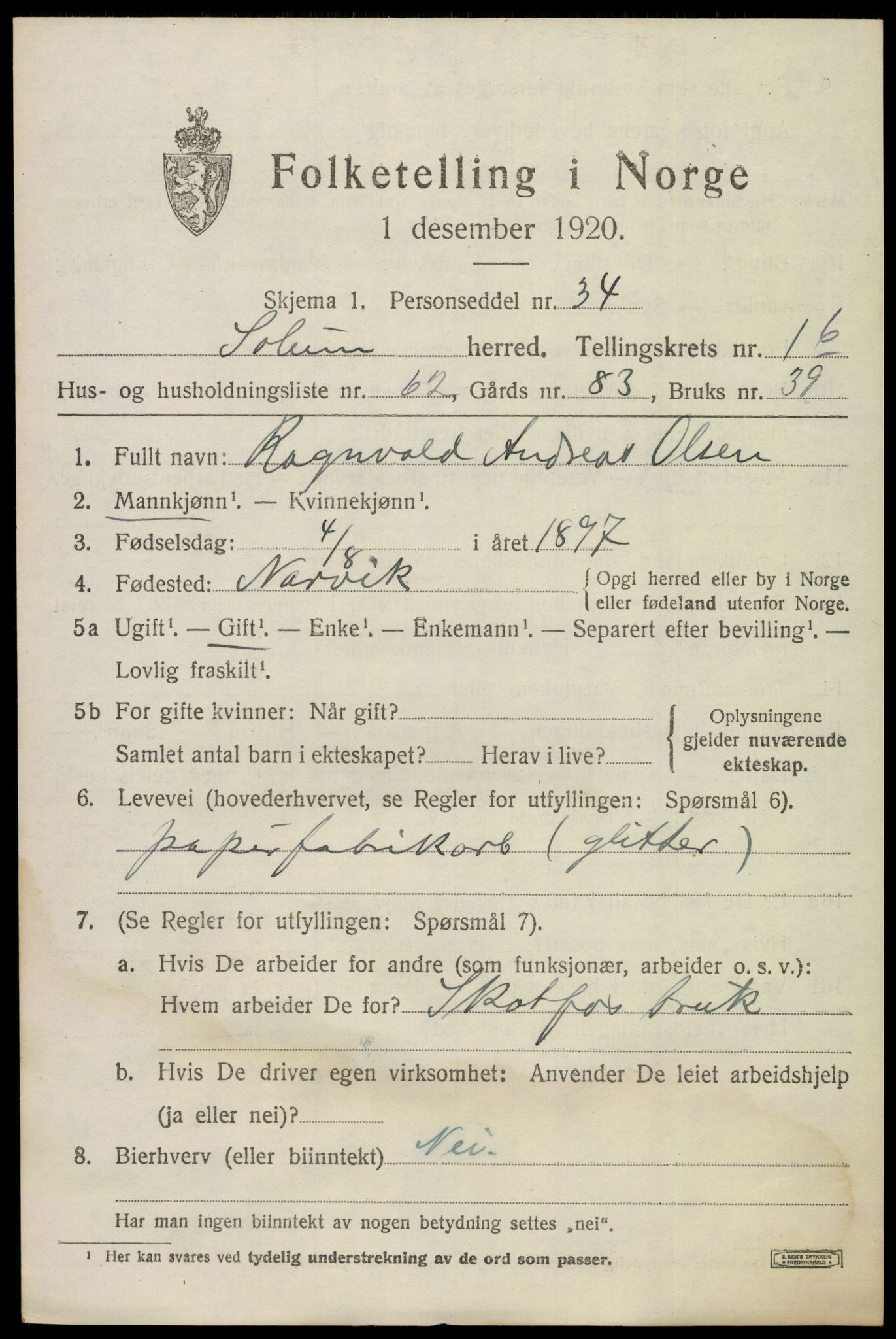 SAKO, 1920 census for Solum, 1920, p. 5608