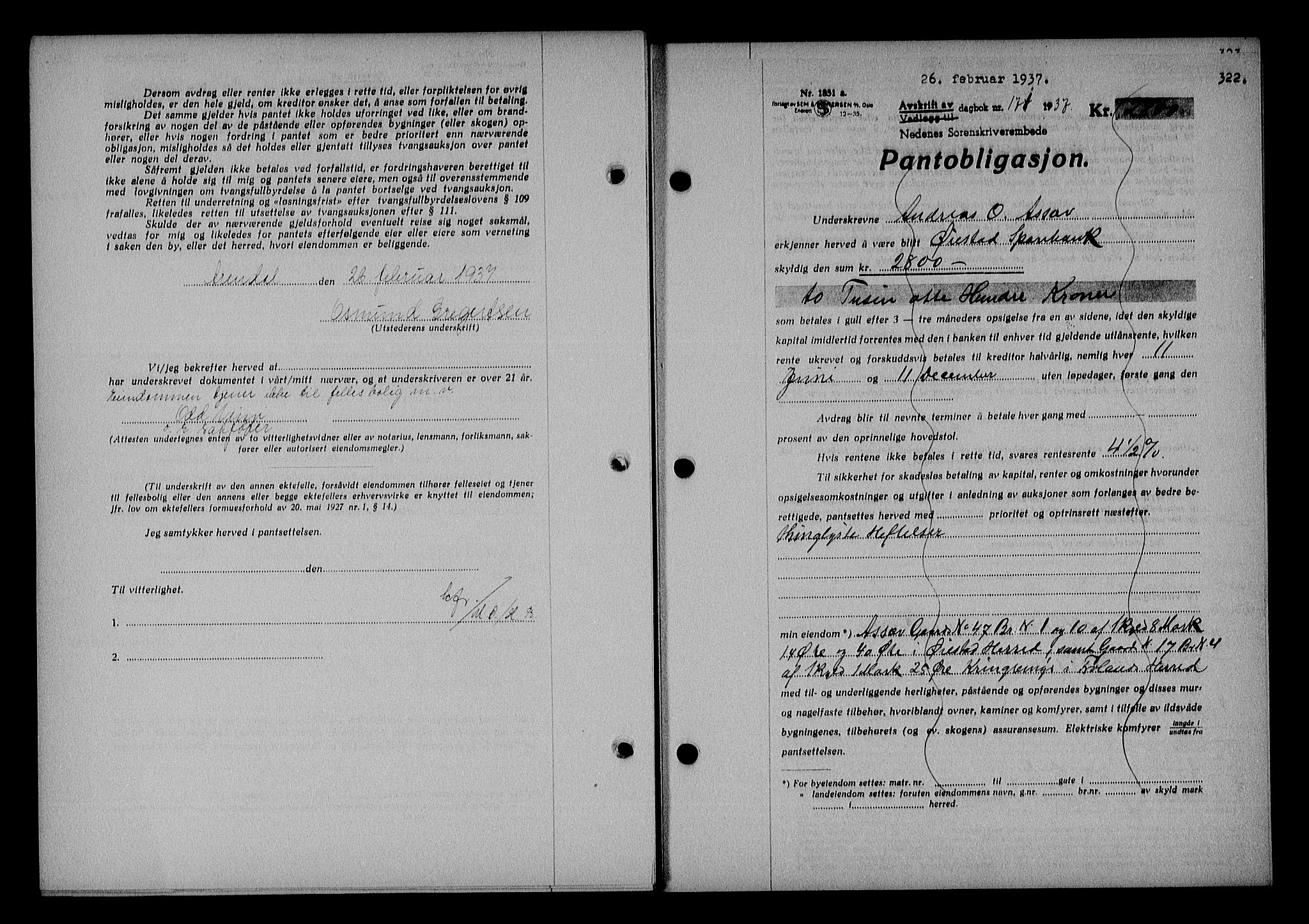 Nedenes sorenskriveri, AV/SAK-1221-0006/G/Gb/Gba/L0043: Mortgage book no. 39, 1936-1937, Diary no: : 171/1937