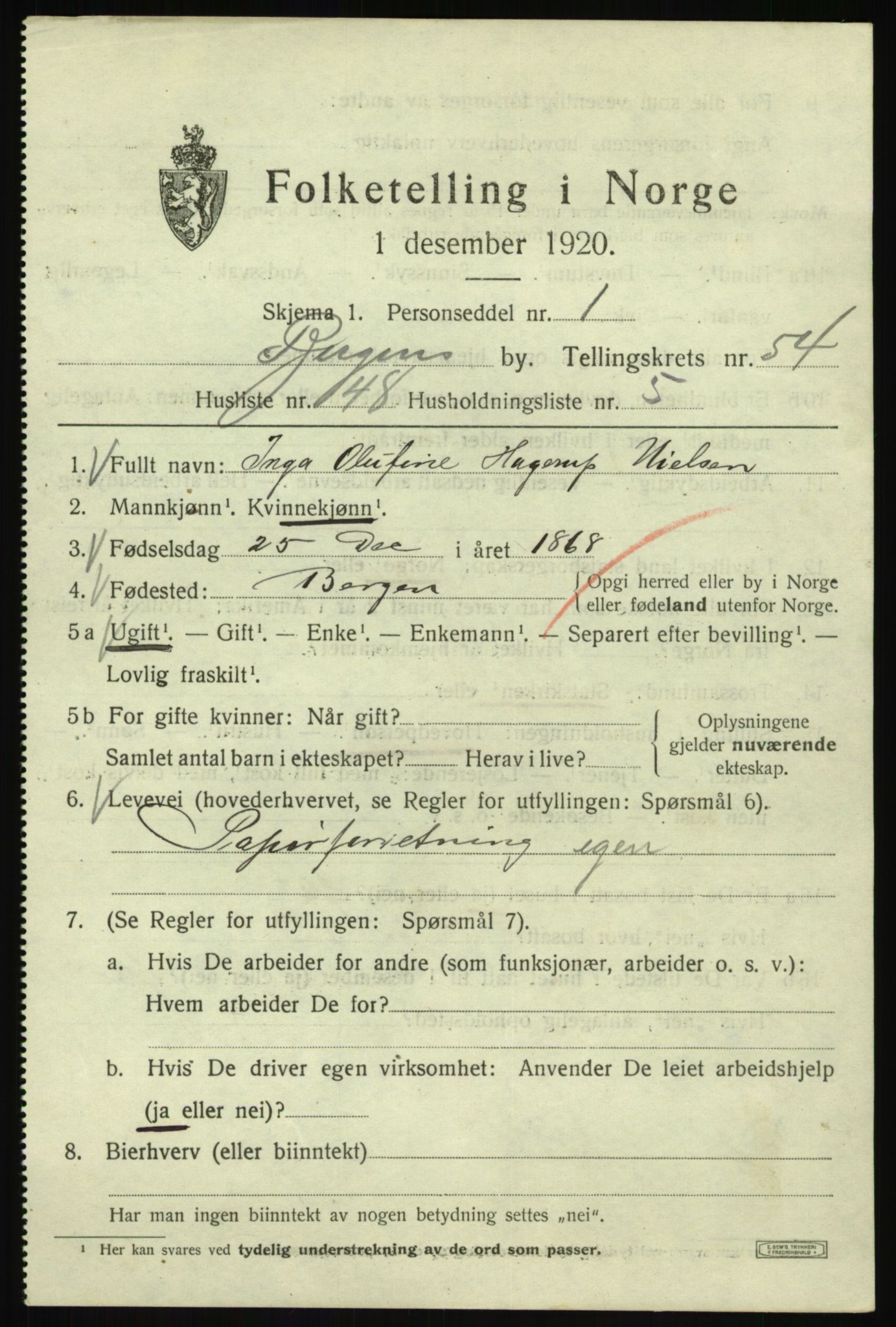 SAB, 1920 census for Bergen, 1920, p. 123691