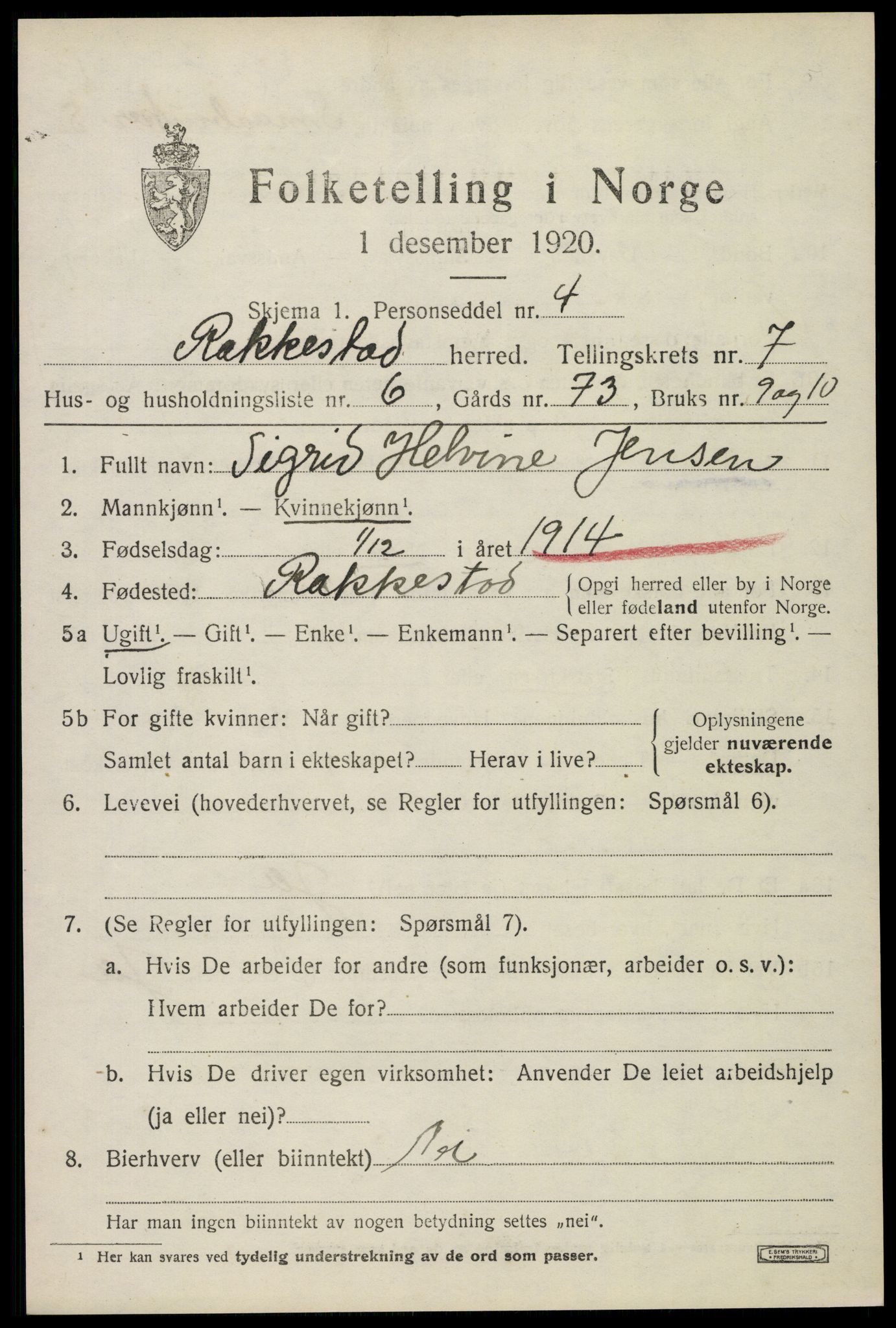 SAO, 1920 census for Rakkestad, 1920, p. 6879