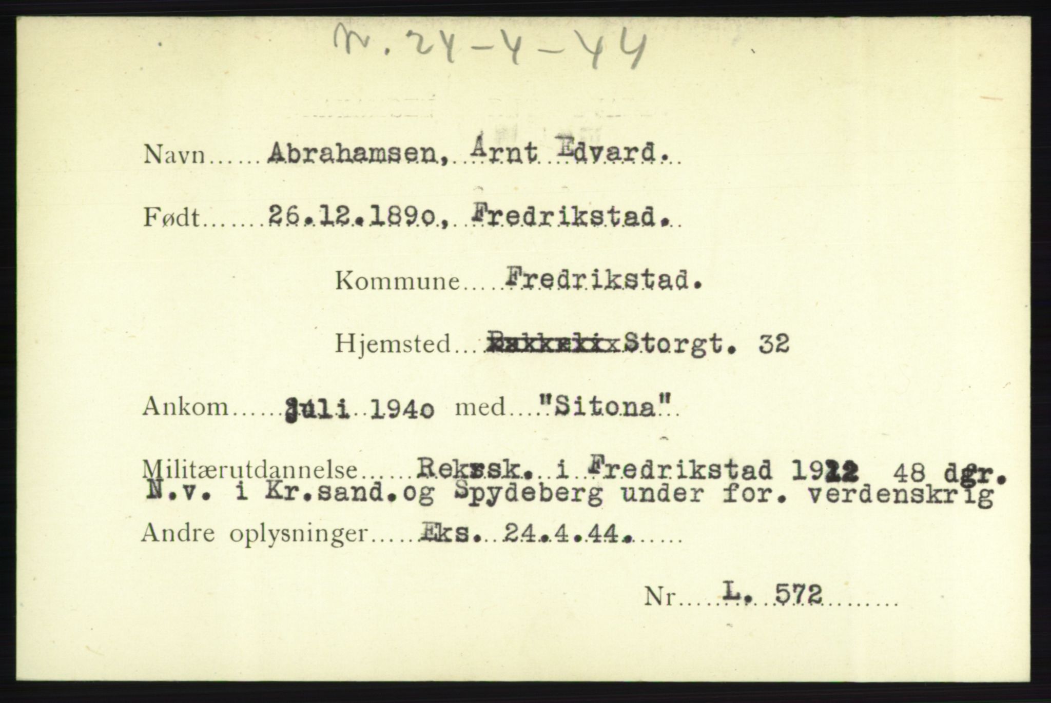 Forsvarets Overkommando. 2. kontor. Arkiv 8.1. Mottakersentralen FDE og FO.II, RA/RAFA-6952/P/Pa/L0001: AA/Å - Andvig , 1940-1945, p. 214