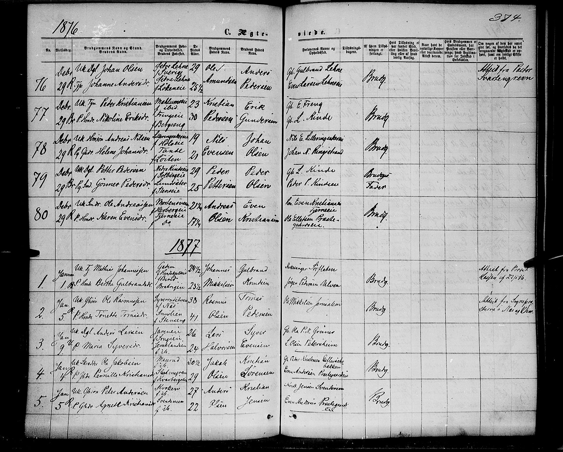 Ringsaker prestekontor, AV/SAH-PREST-014/K/Ka/L0011: Parish register (official) no. 11, 1870-1878, p. 374