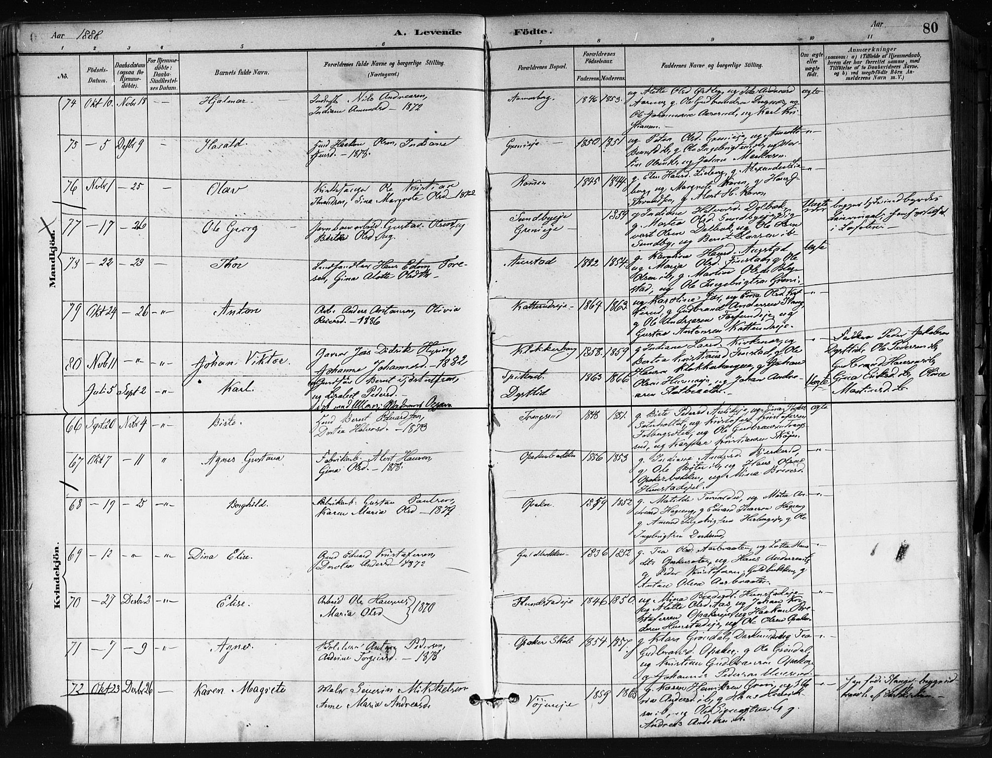 Nes prestekontor Kirkebøker, AV/SAO-A-10410/F/Fa/L0010: Parish register (official) no. I 10, 1883-1898, p. 80