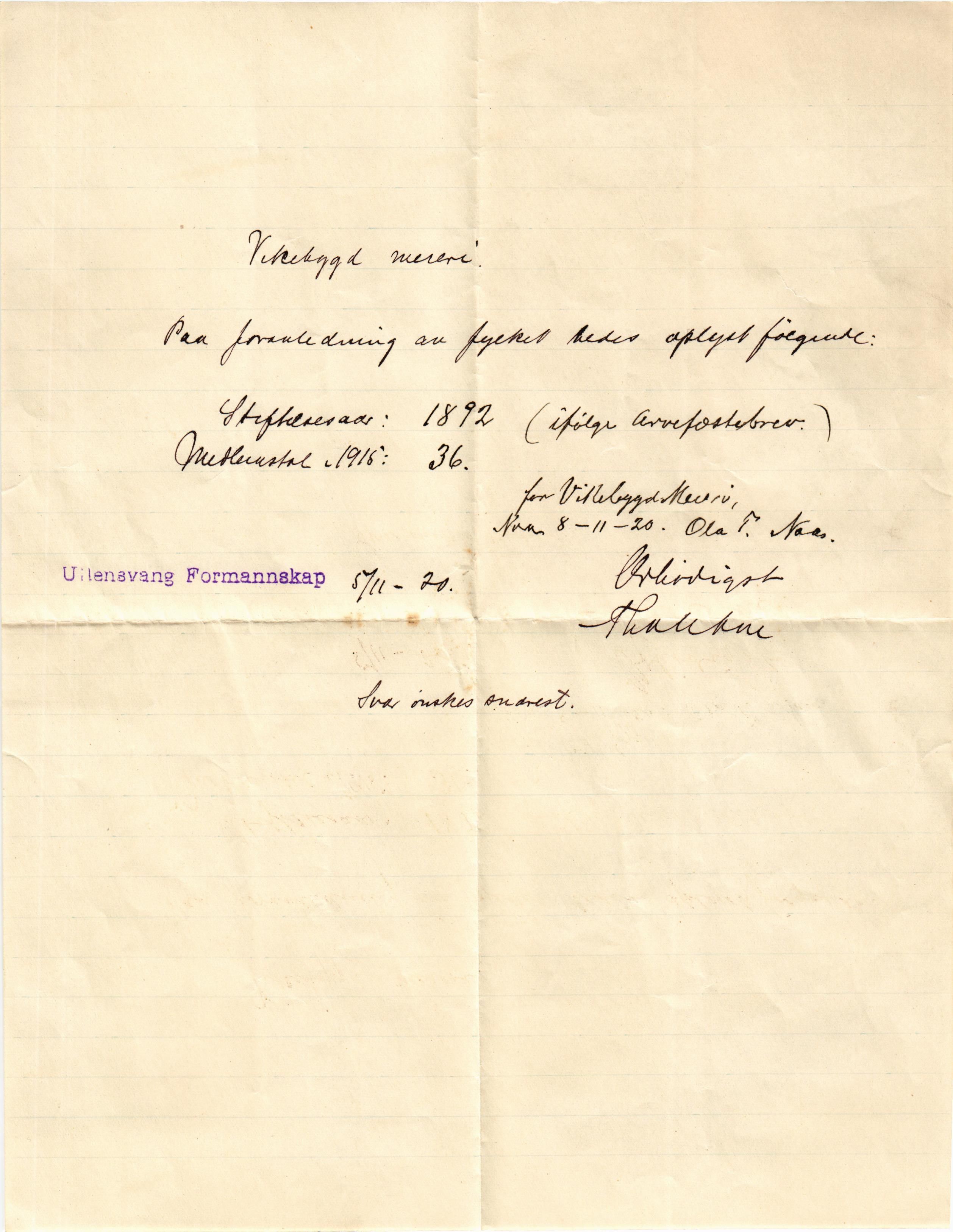 Ullensvang herad. Formannskapet , IKAH/1231b-021/E/Ea/L0009/0003: Emneordna, sideordna korrespondanse  / Stiftelsen for ymse verksemder , 1920